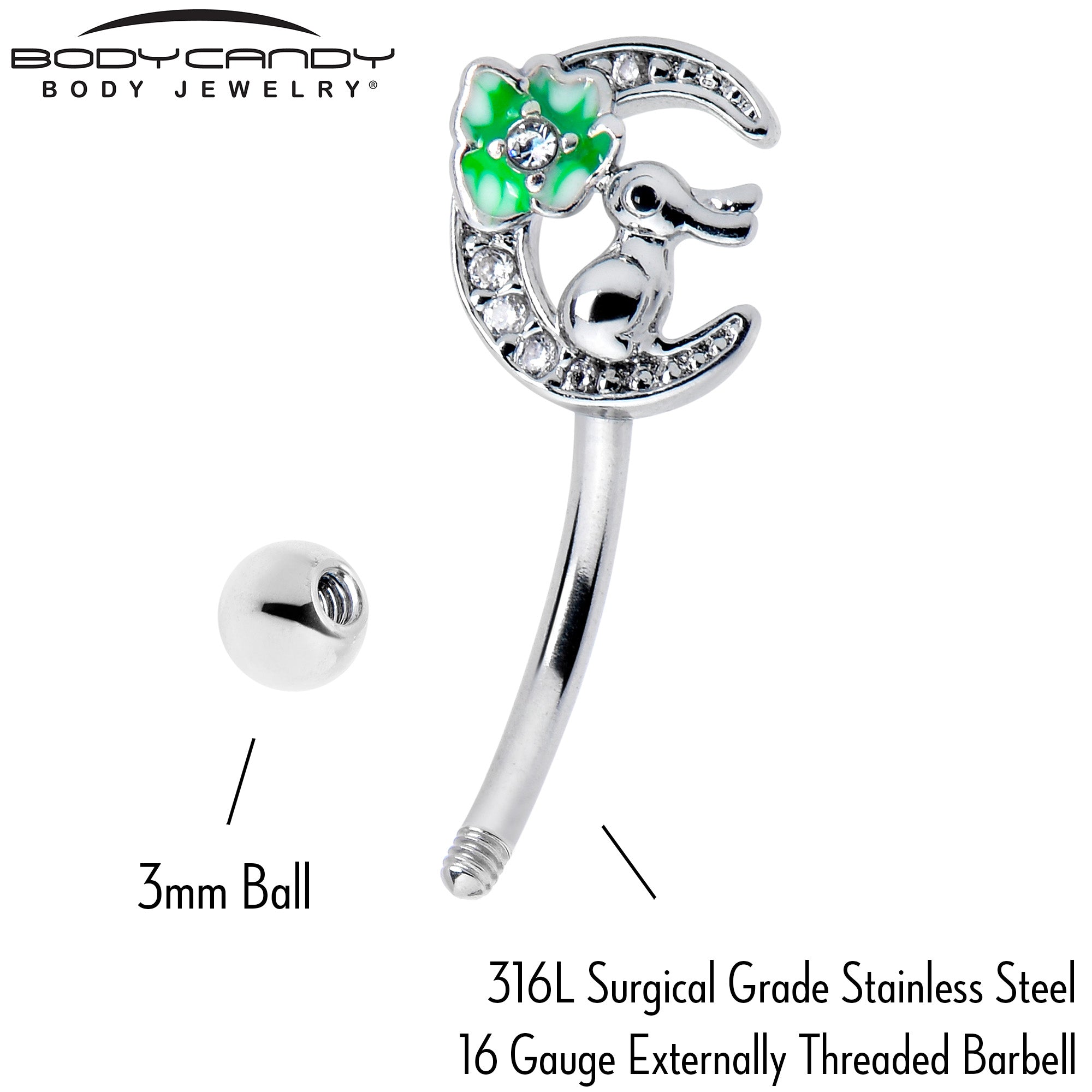 16G 5/16 Clear CZ Gem Rabbit On The Moon Green Curved Eyebrow Ring