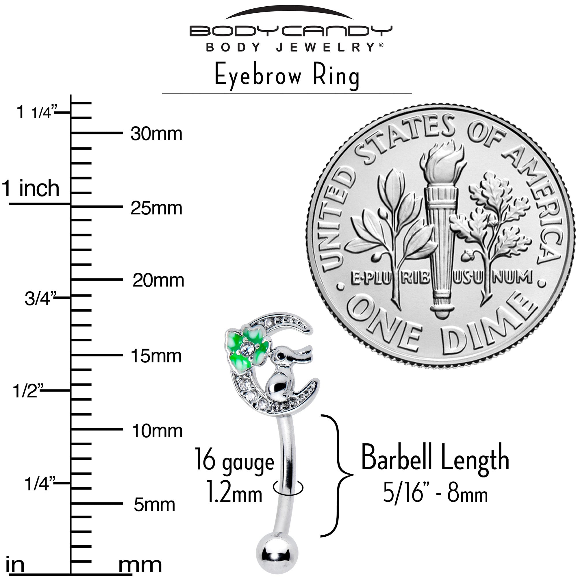 16G 5/16 Clear CZ Gem Rabbit On The Moon Green Curved Eyebrow Ring