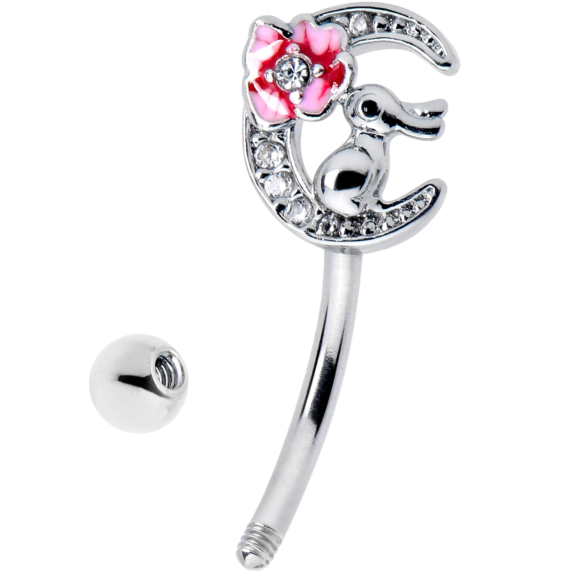16G 5/16 Clear CZ Gem Rabbit On The Moon Pink Curved Eyebrow Ring