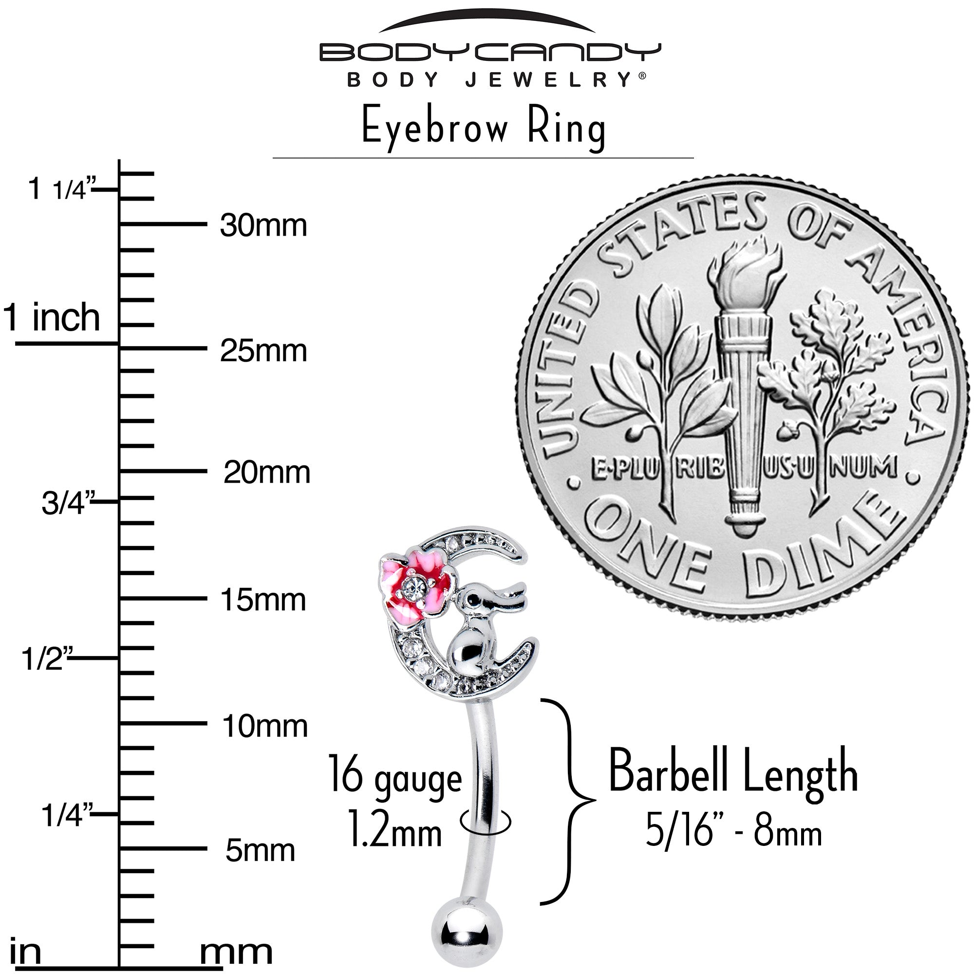 16G 5/16 Clear CZ Gem Rabbit On The Moon Pink Curved Eyebrow Ring