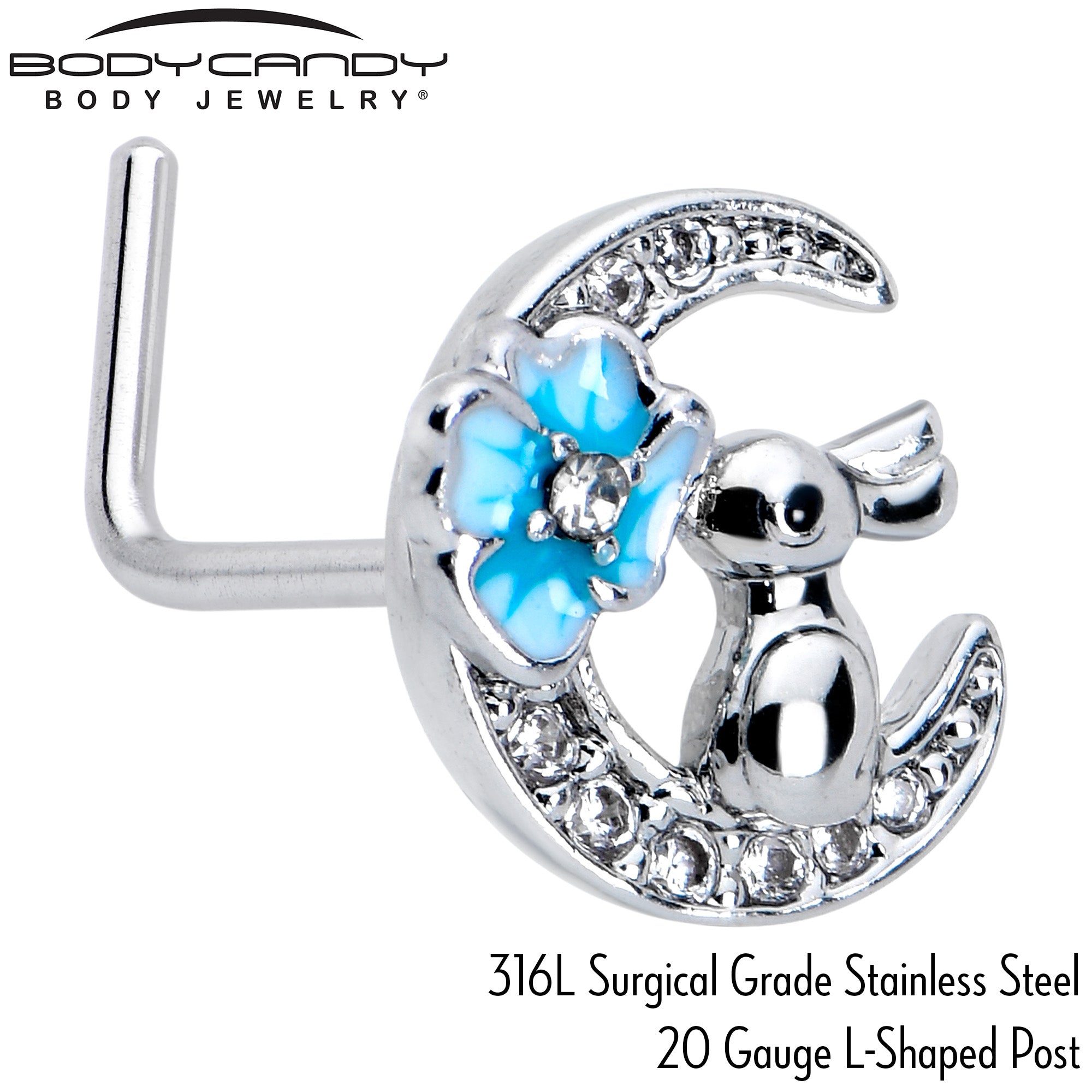 20G 7mm Clear CZ Gem Rabbit On The Moon Blue L Shape Nose Ring