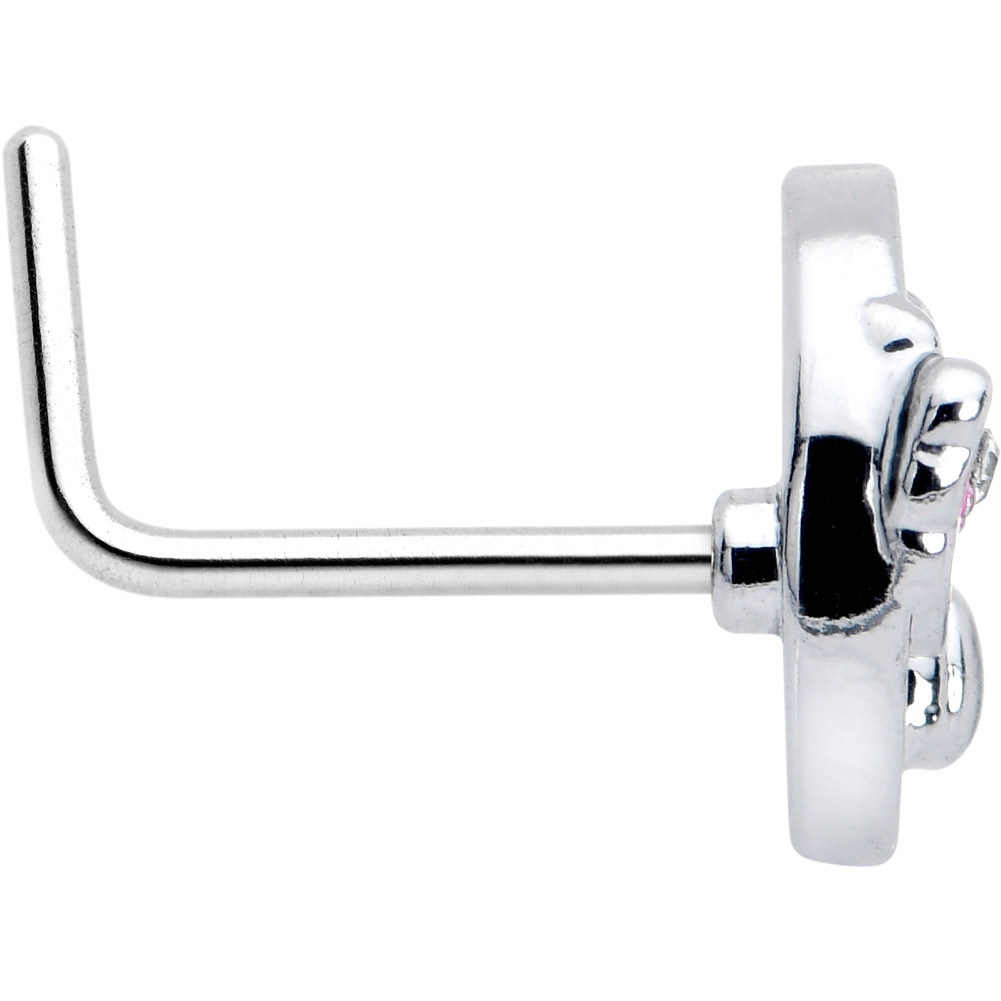 20G 7mm Clear CZ Gem Rabbit On The Moon Pink L Shape Nose Ring