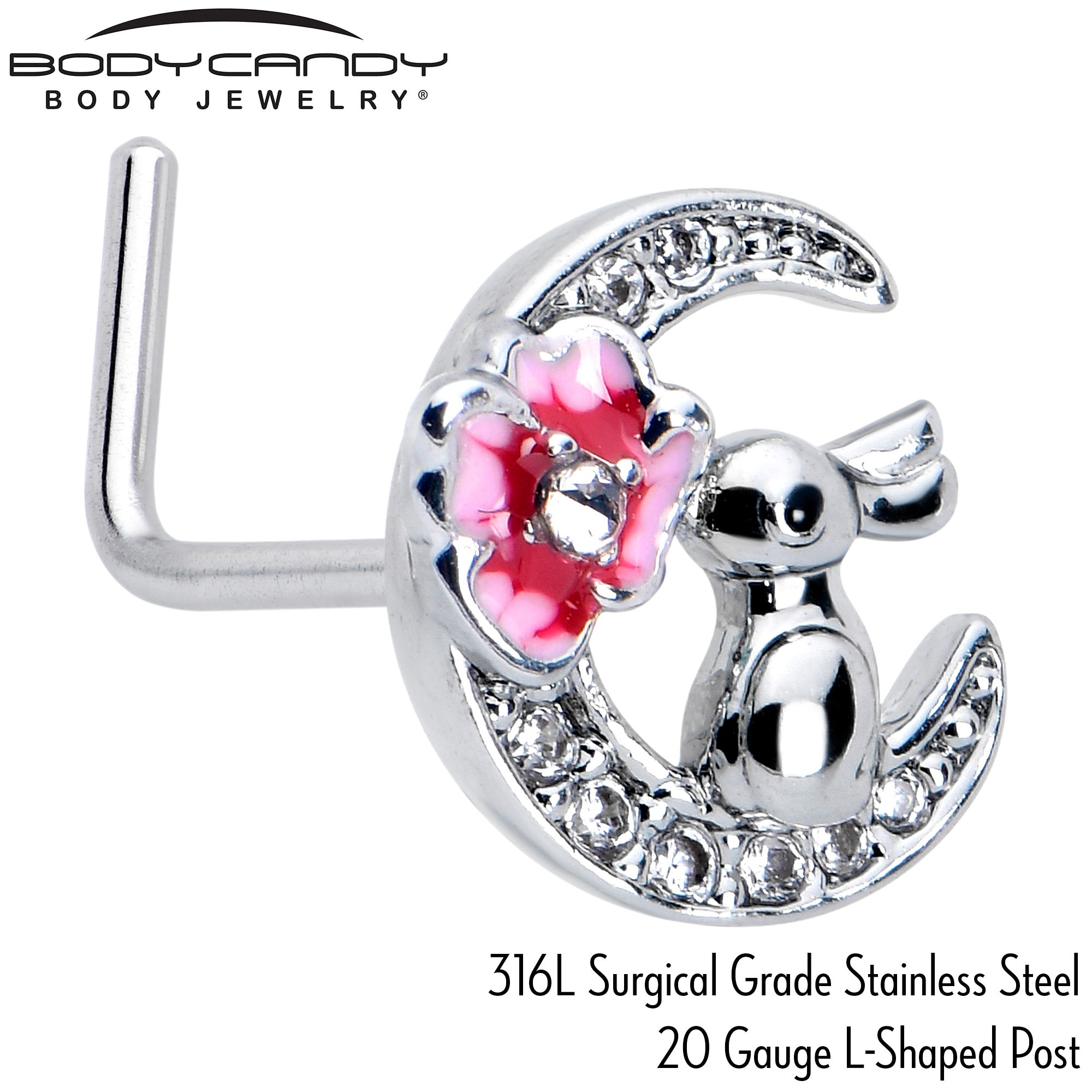 20G 7mm Clear CZ Gem Rabbit On The Moon Pink L Shape Nose Ring