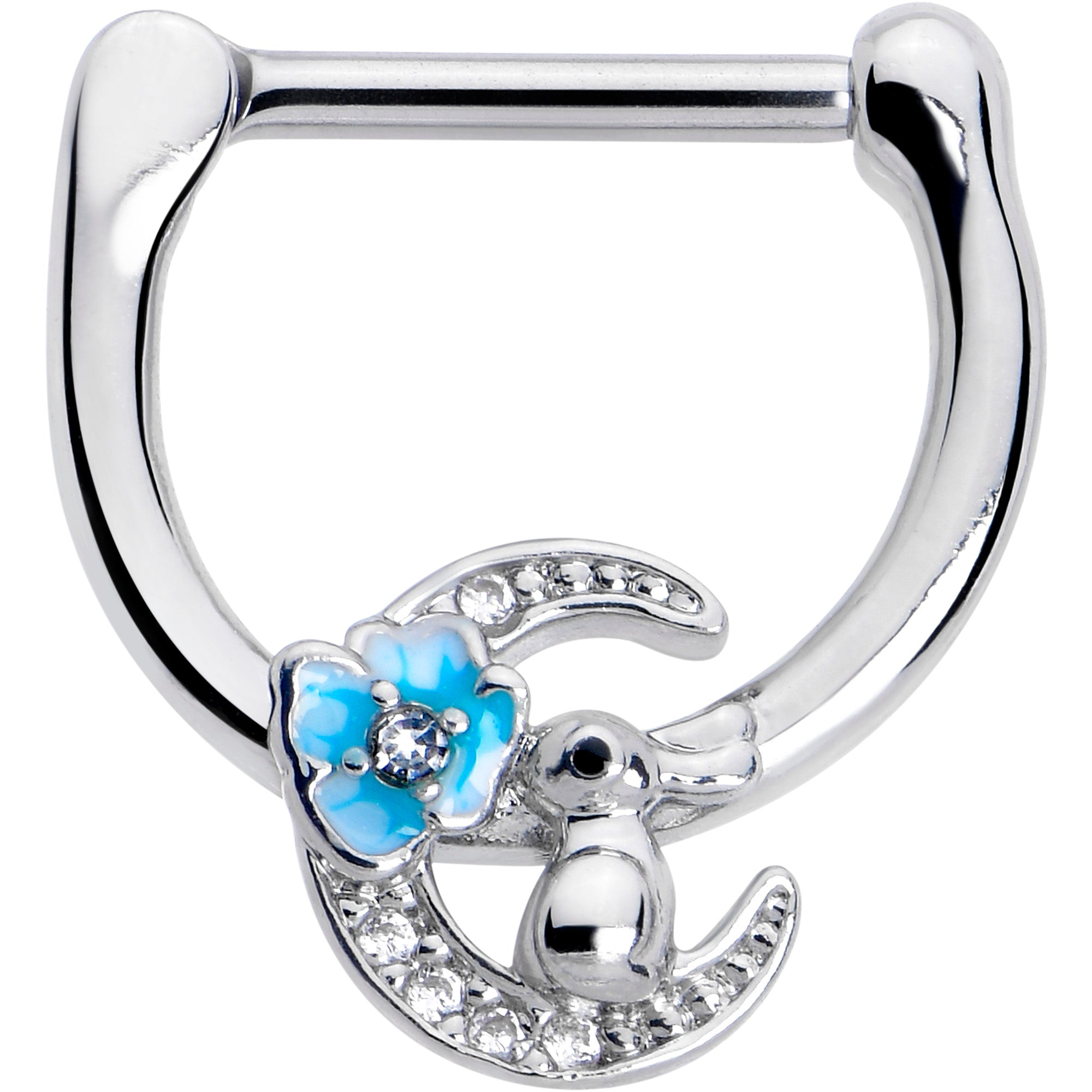 16G 5/16 Clear CZ Gem Rabbit On The Moon Blue Cartilage Clicker