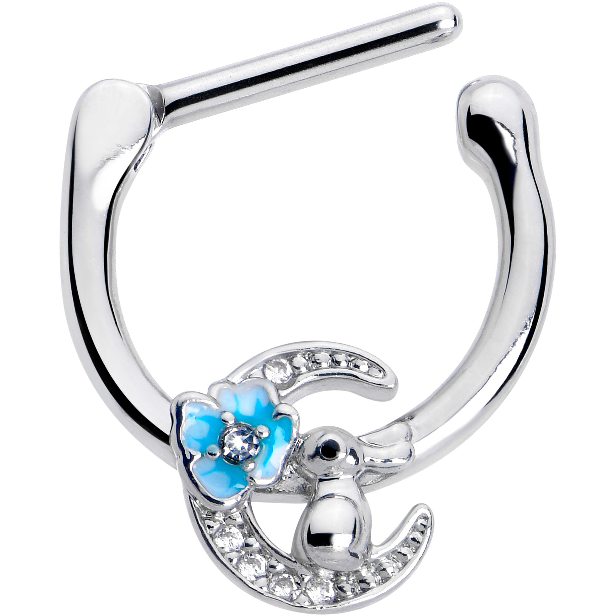 16G 5/16 Clear CZ Gem Rabbit On The Moon Blue Cartilage Clicker