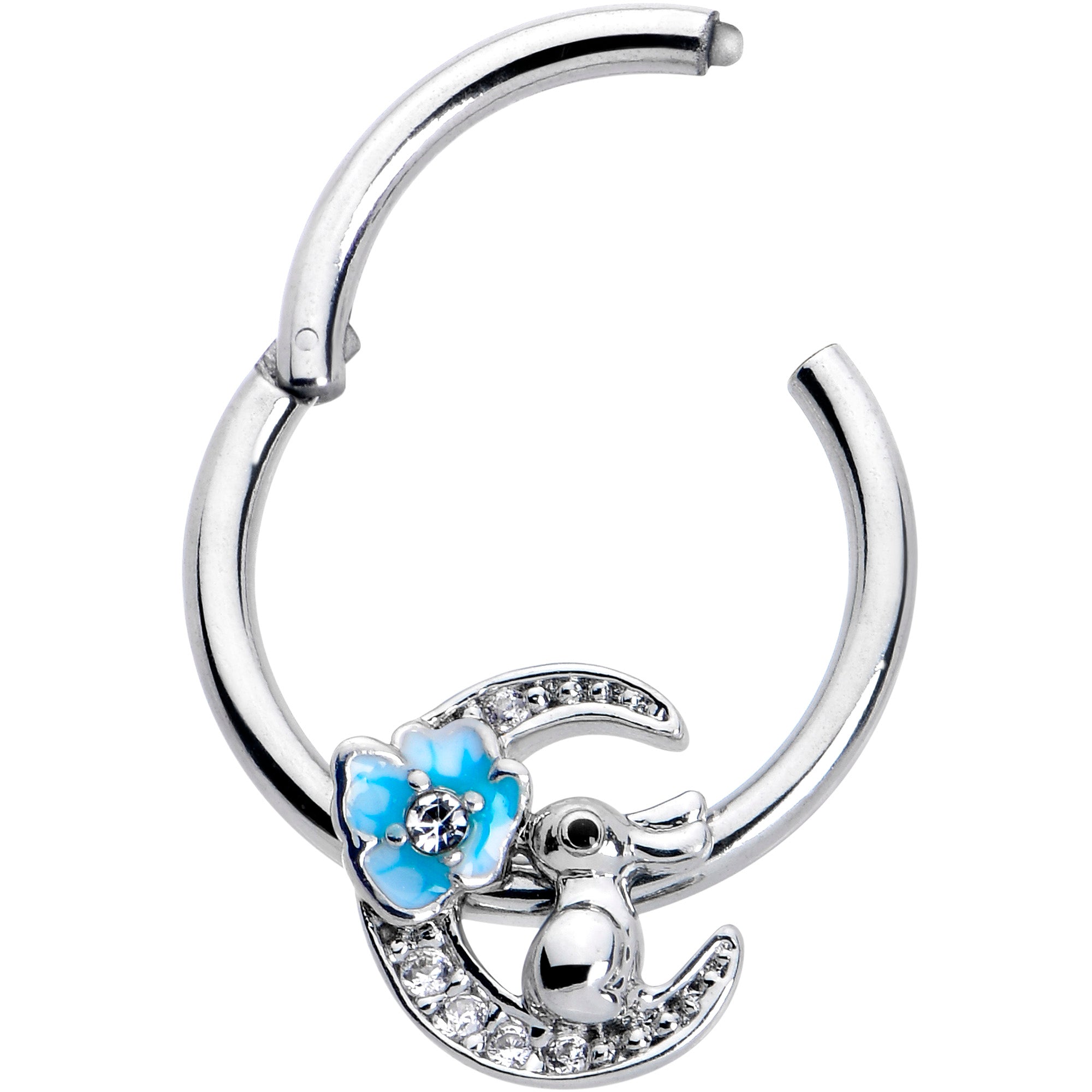 16G 3/8 Clear CZ Gem Rabbit On The Moon Blue Hinged Segment Ring