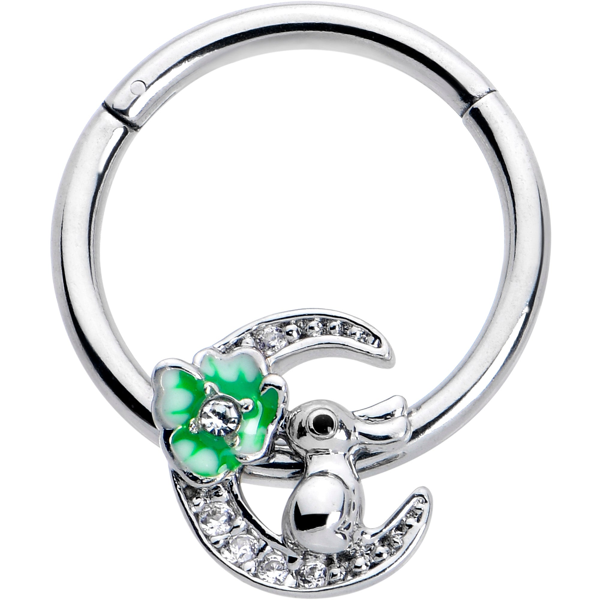 16G 3/8 Clear CZ Gem Rabbit On The Moon Green Hinged Segment Ring