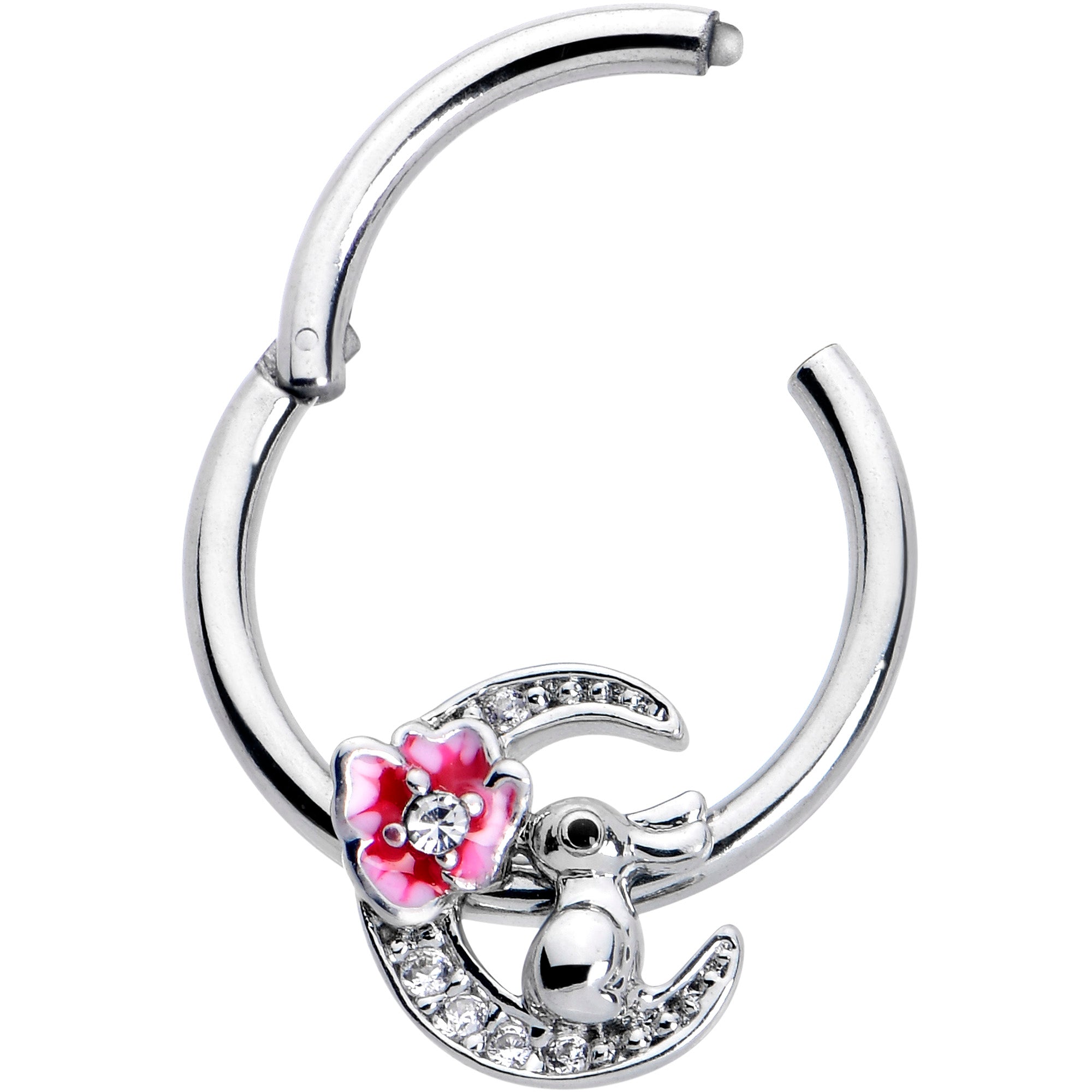 16G 3/8 Clear CZ Gem Rabbit On The Moon Pink Hinged Segment Ring
