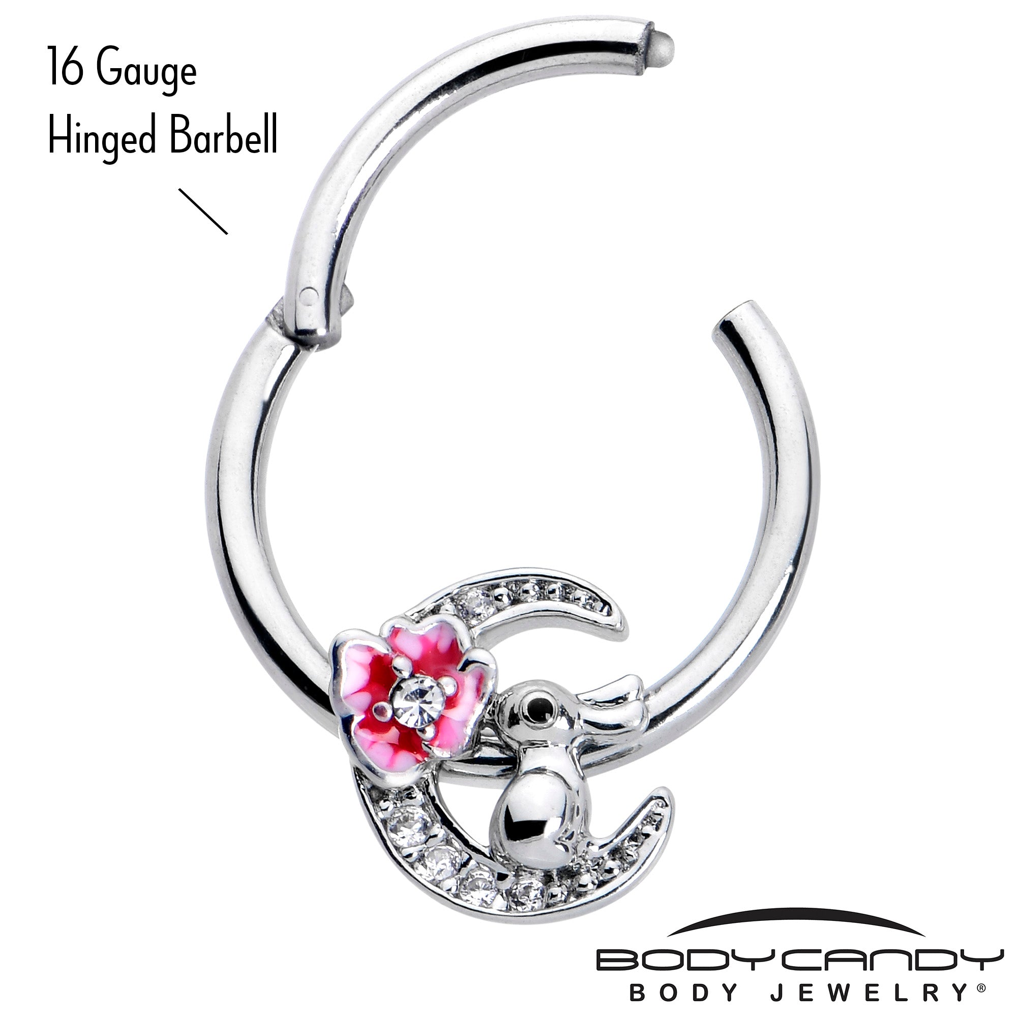 16G 3/8 Clear CZ Gem Rabbit On The Moon Pink Hinged Segment Ring