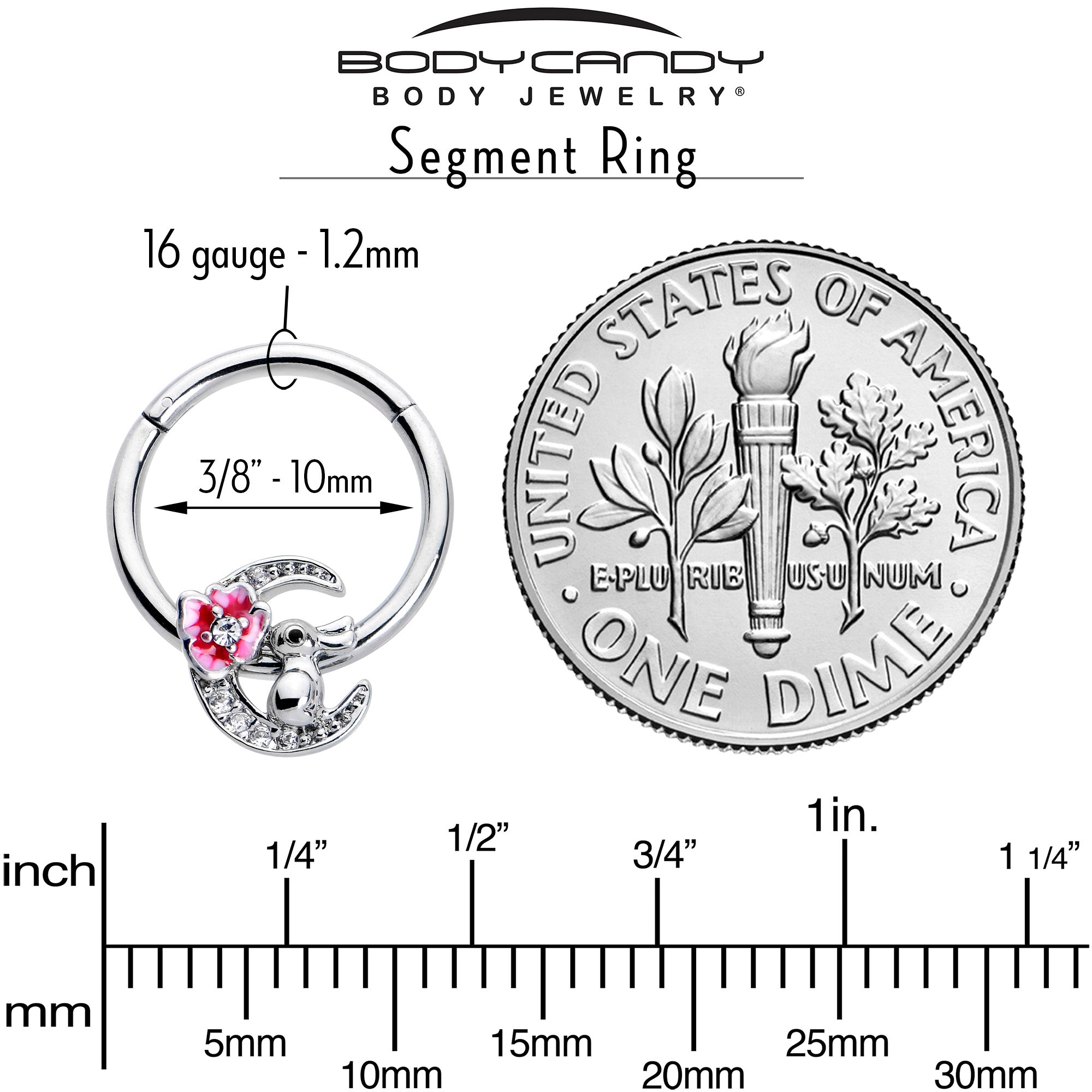 16G 3/8 Clear CZ Gem Rabbit On The Moon Pink Hinged Segment Ring