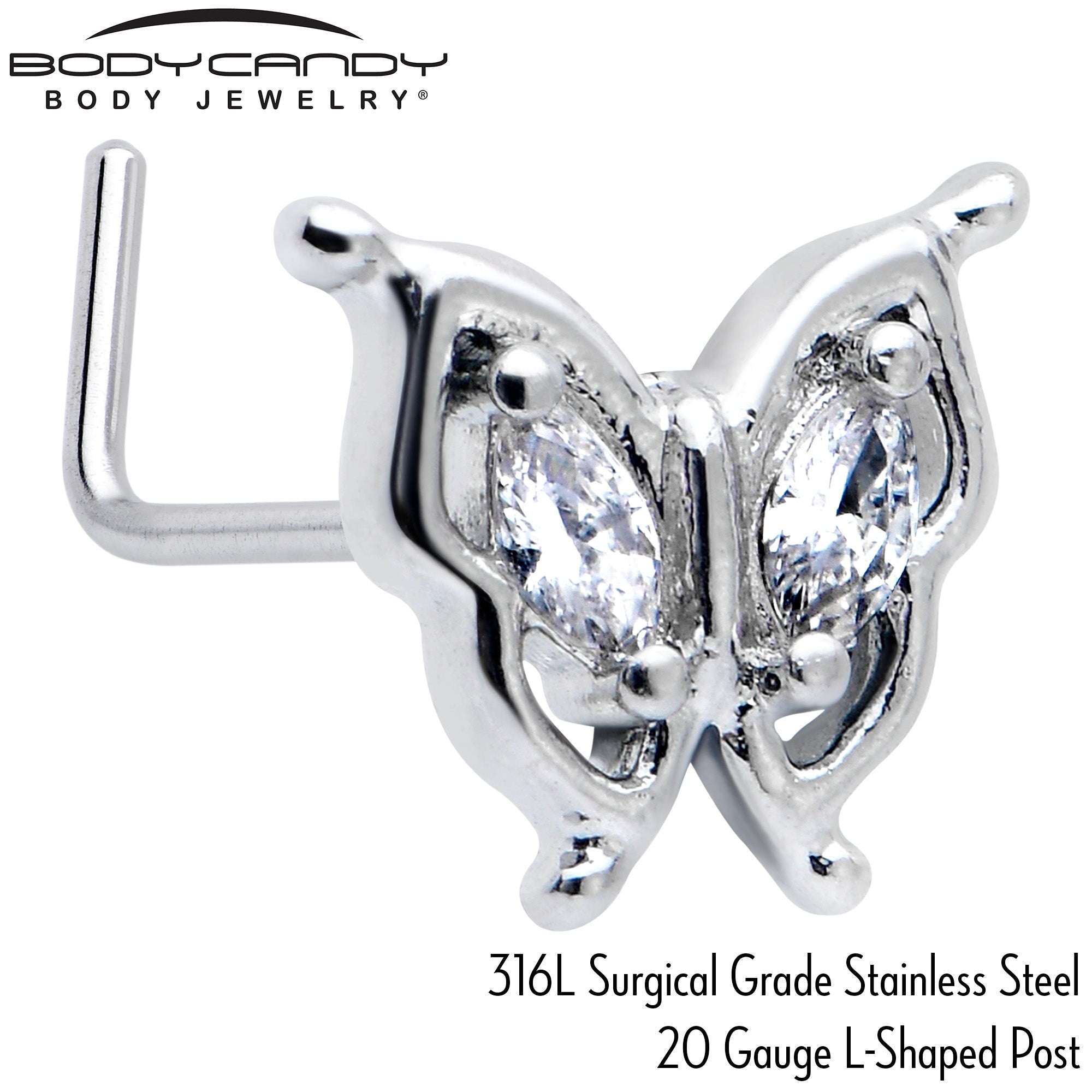 20G 7mm Clear Gem Fancy Fab Butterfly L Shape Nose Ring