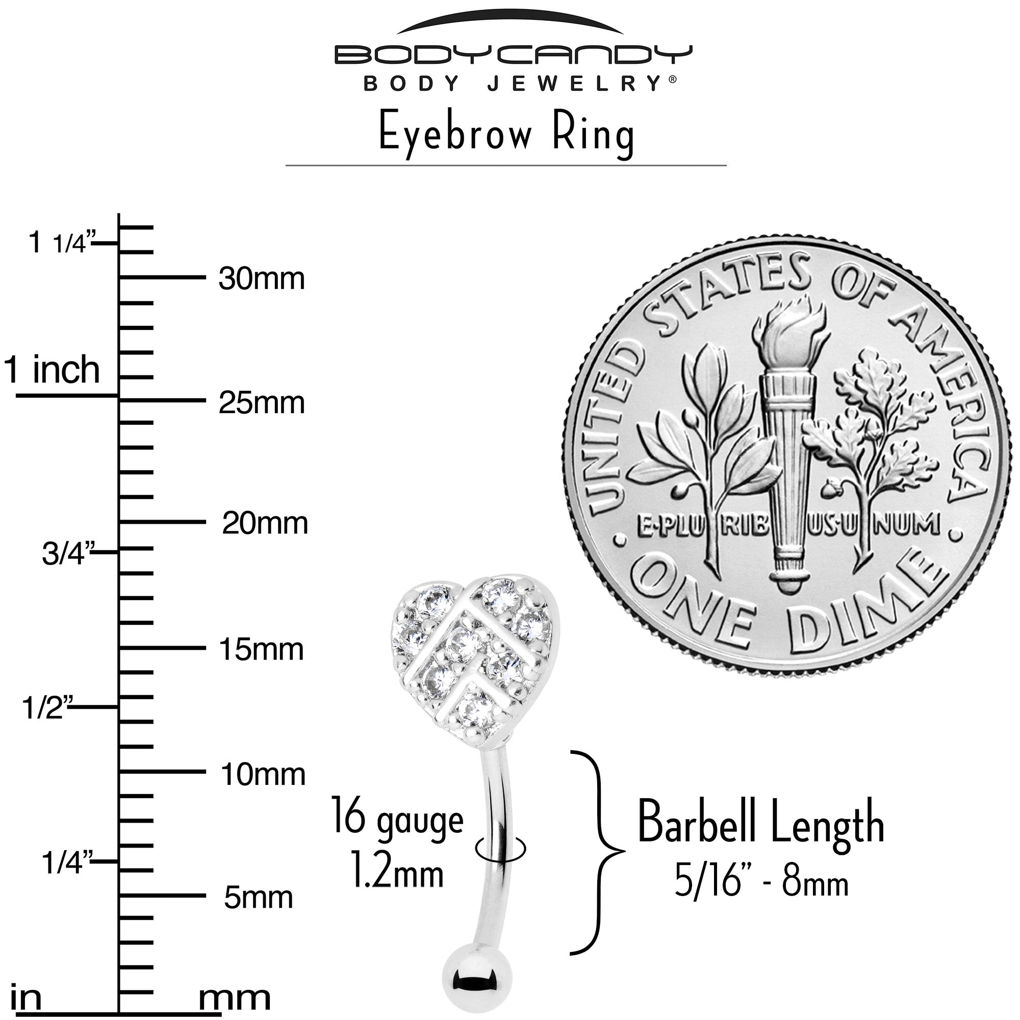 16G 5/16 Clear Gem Lattice Heart Curved Eyebrow Ring