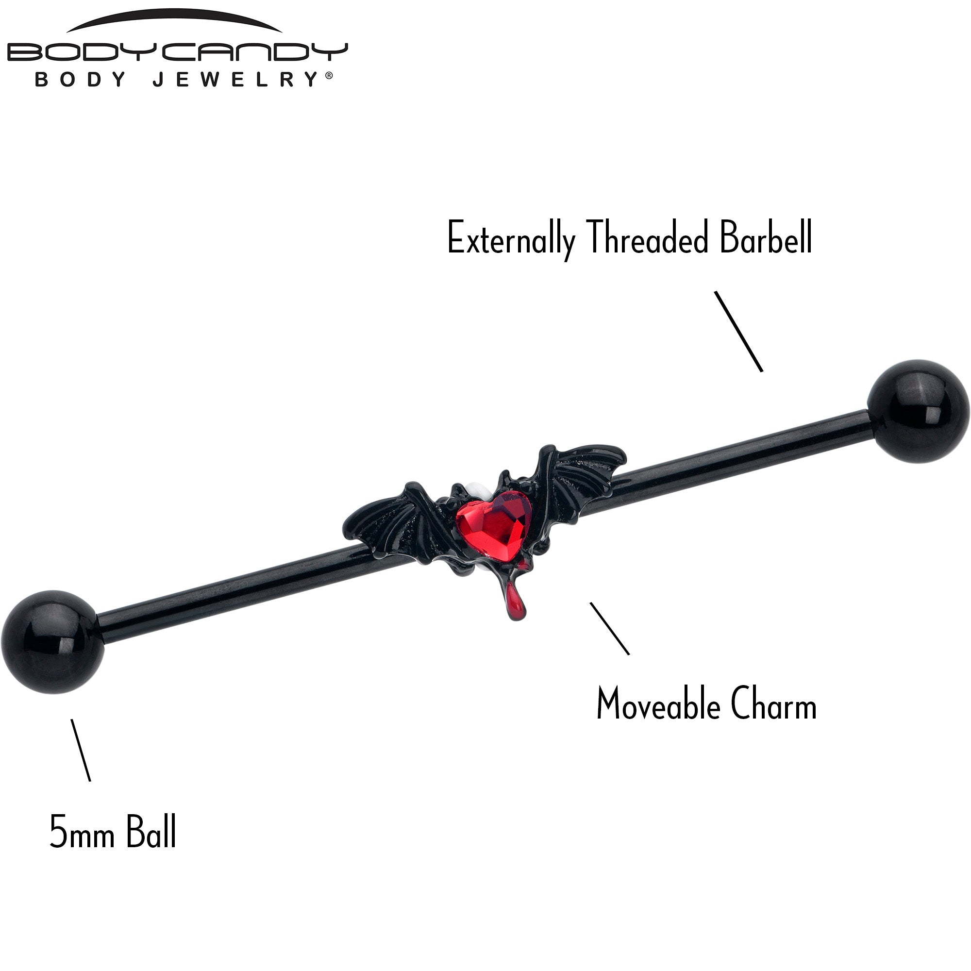 14G Red Gem Black Bleeding Heart Bat Industrial Barbell 38mm