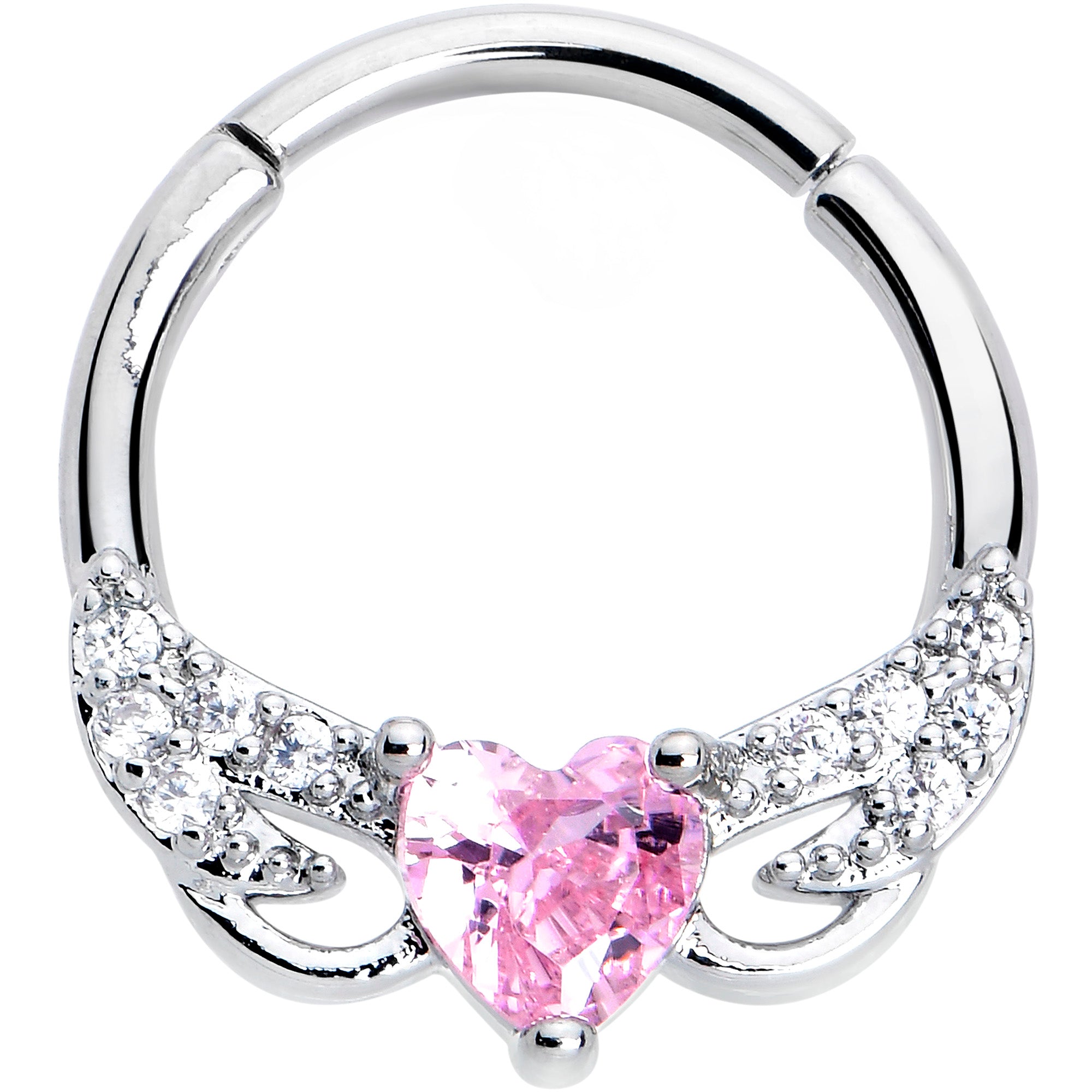 16G 3/8 Pink Clear CZ Gem Flying Heart Hinged Segment Ring