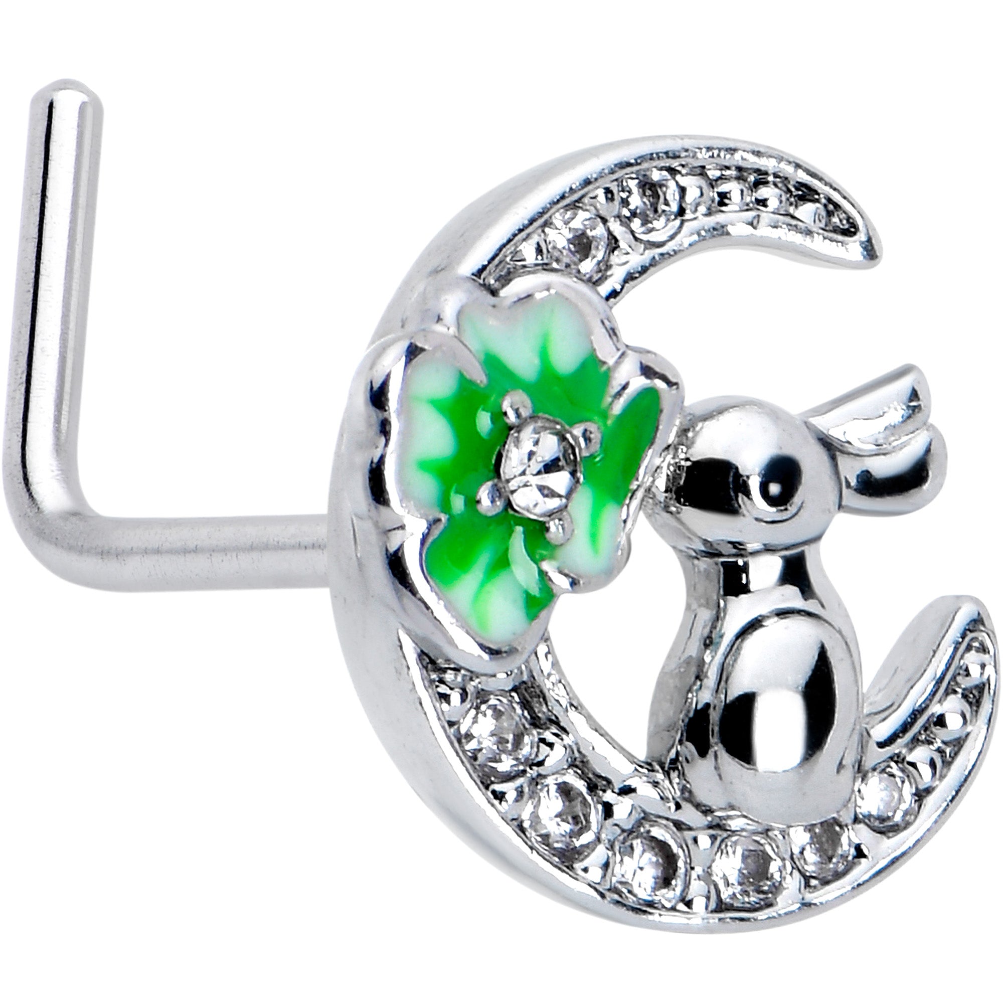 20G 7mm Clear CZ Gem Rabbit On The Moon Green L Shape Nose Ring