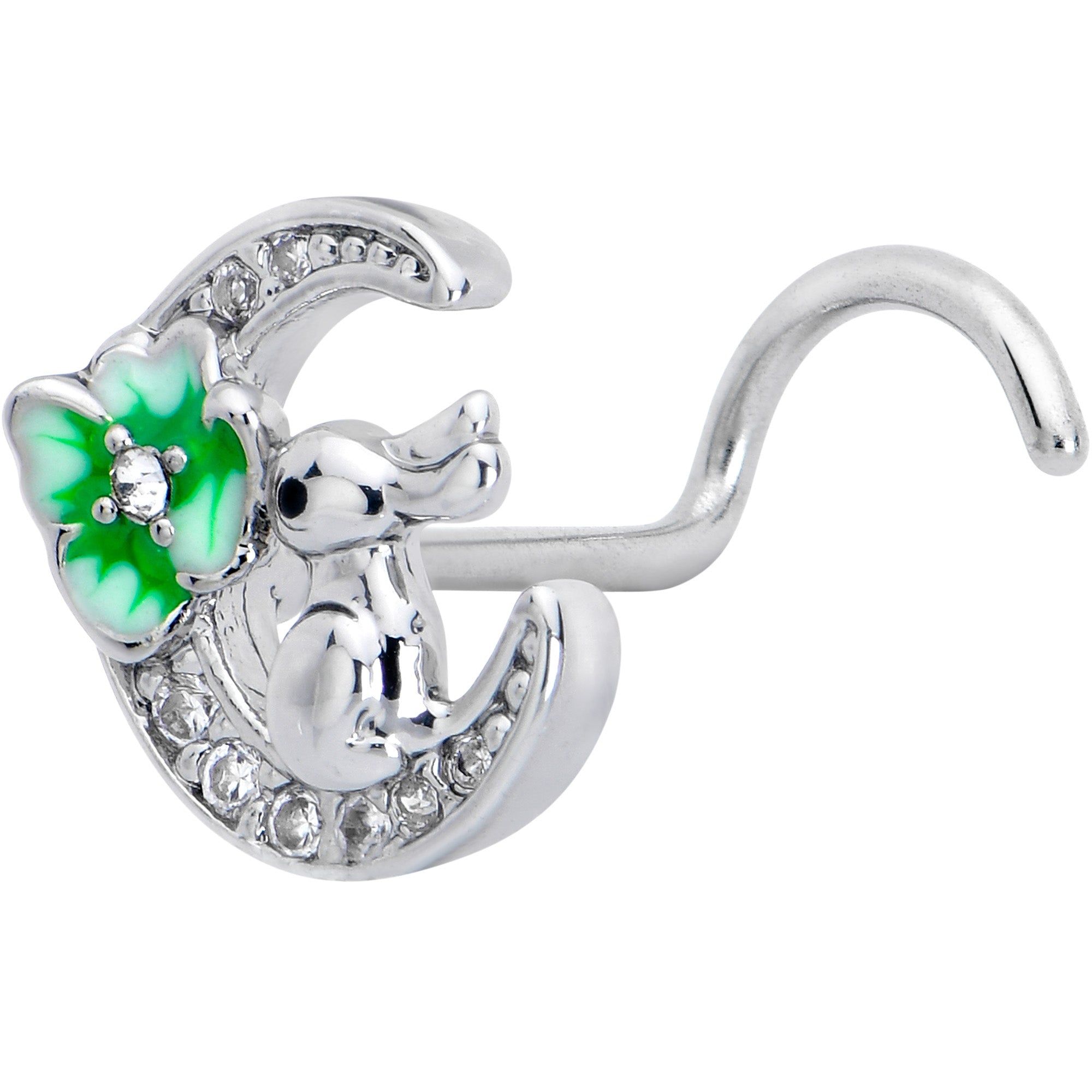 20G 7mm Clear CZ Gem Rabbit On The Moon Green Left Side Nose Screw