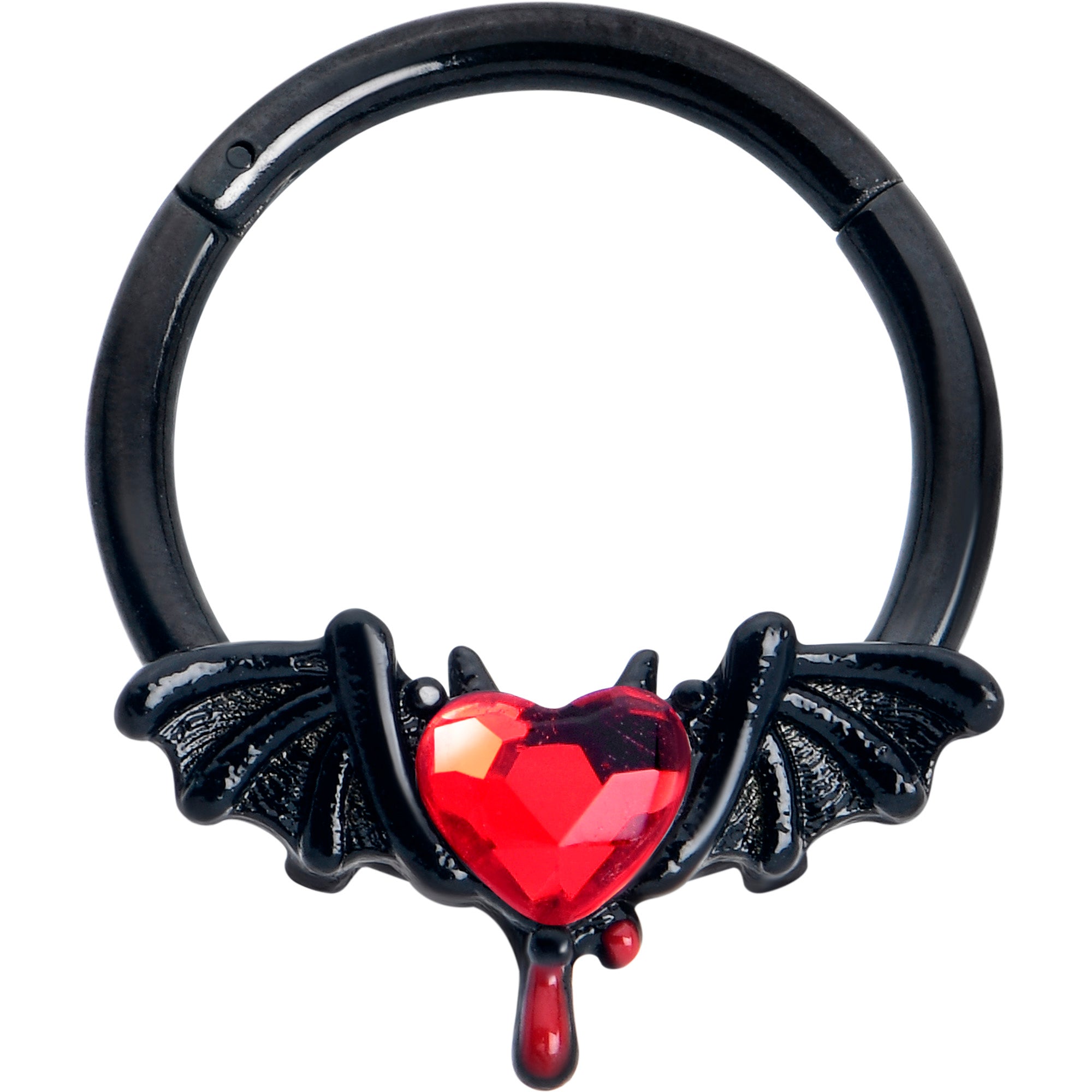 16G 3/8 Red Gem Black Bleeding Heart Bat Hinged Segment Ring