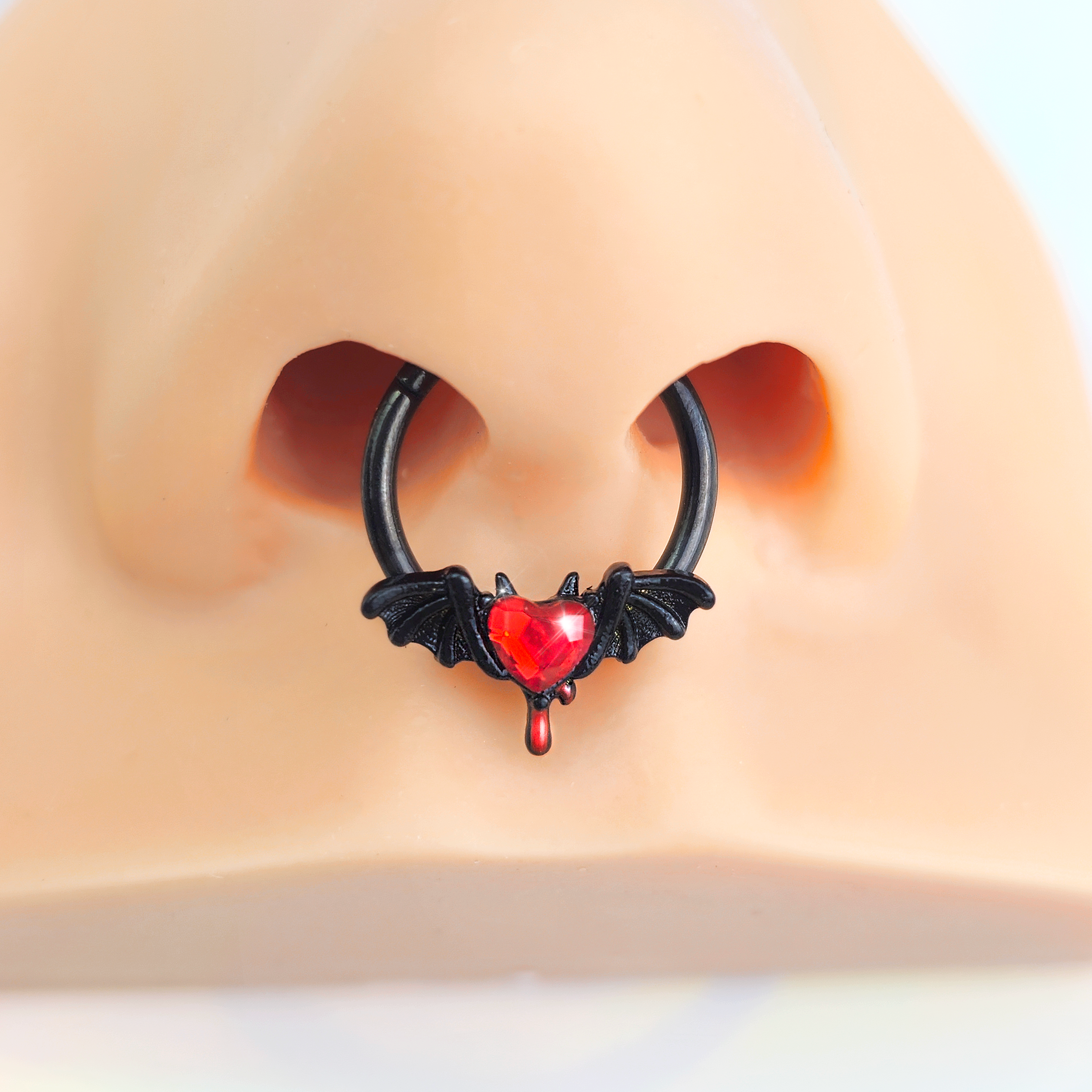 16G 3/8 Red Gem Black Bleeding Heart Bat Hinged Segment Ring