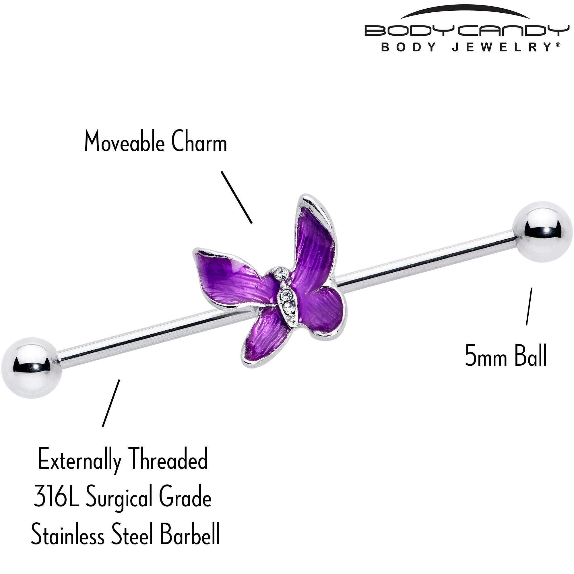 14G Clear Gem Chunky Butterfly Purple Industrial Barbell 38mm