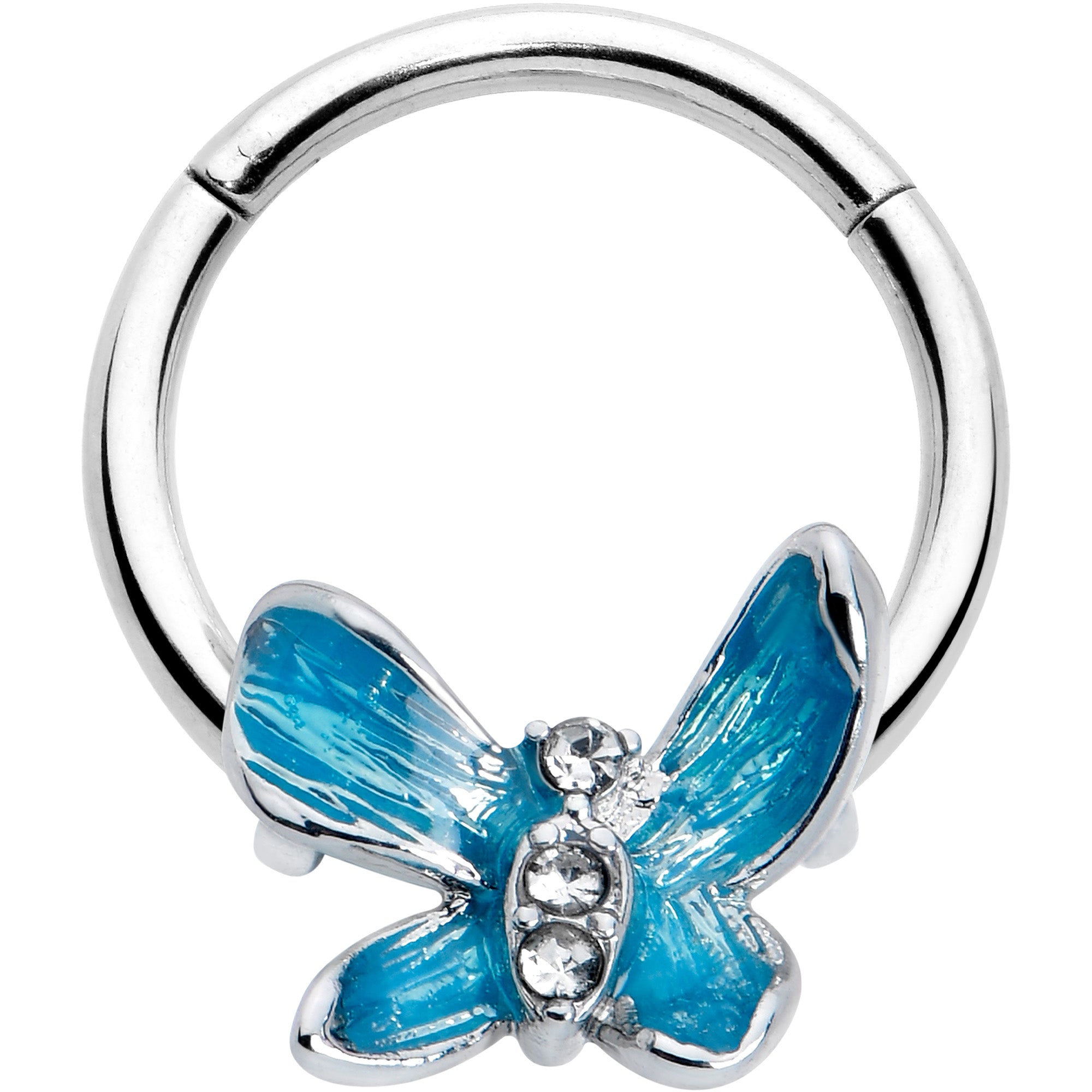 16G 3/8 Clear Gem Chunky Butterfly Blue Hinged Segment Ring