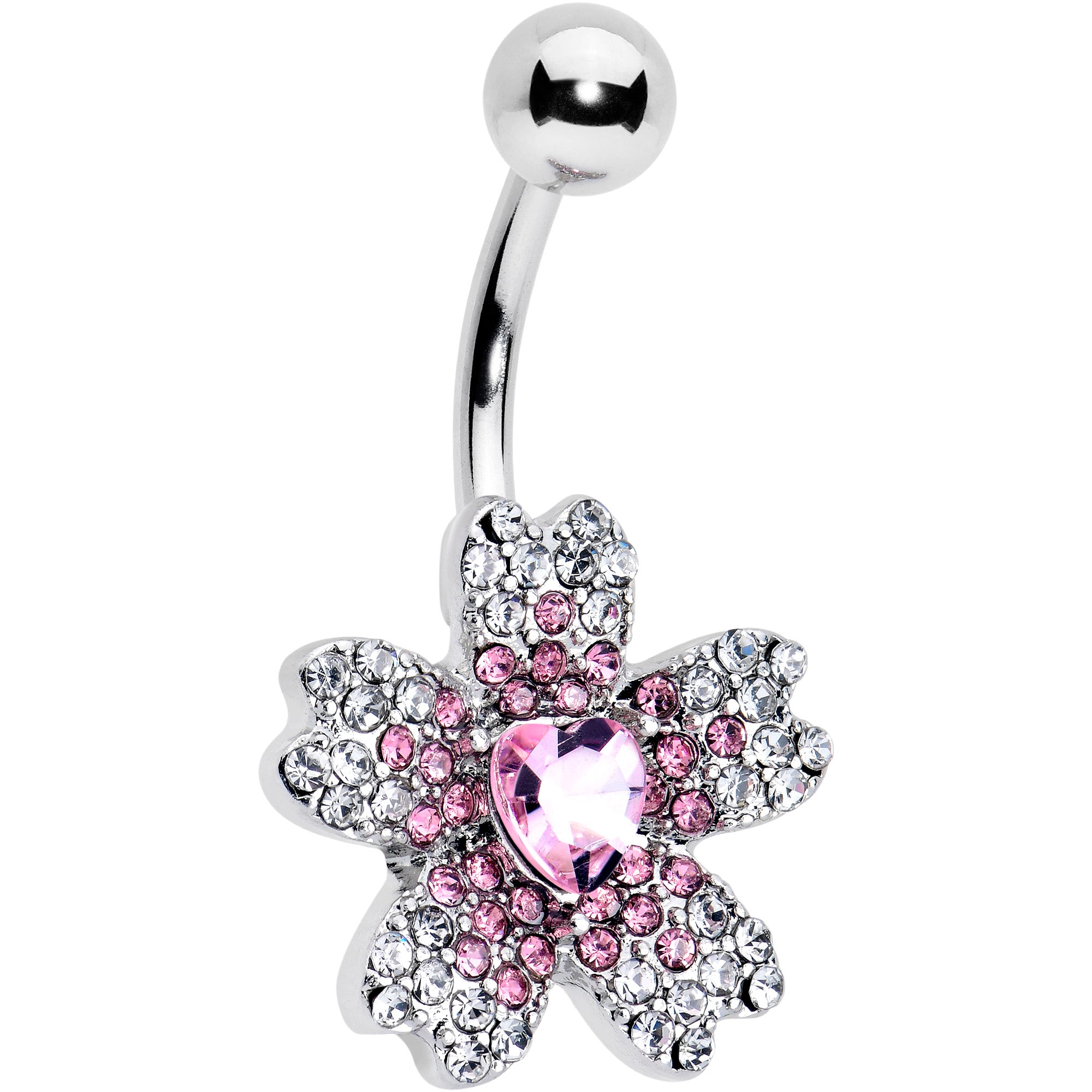 Clear Pink Gem Heart in Flower Belly Ring