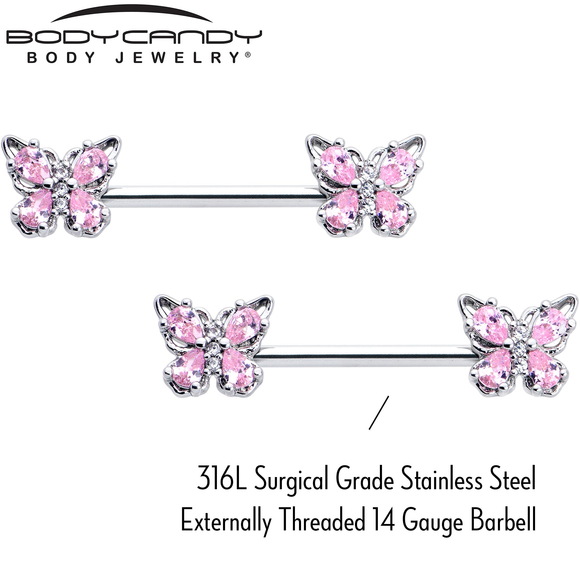 14G 9/16 Pink Gem Baroque Beauty Butterfly Barbell Nipple Ring Set