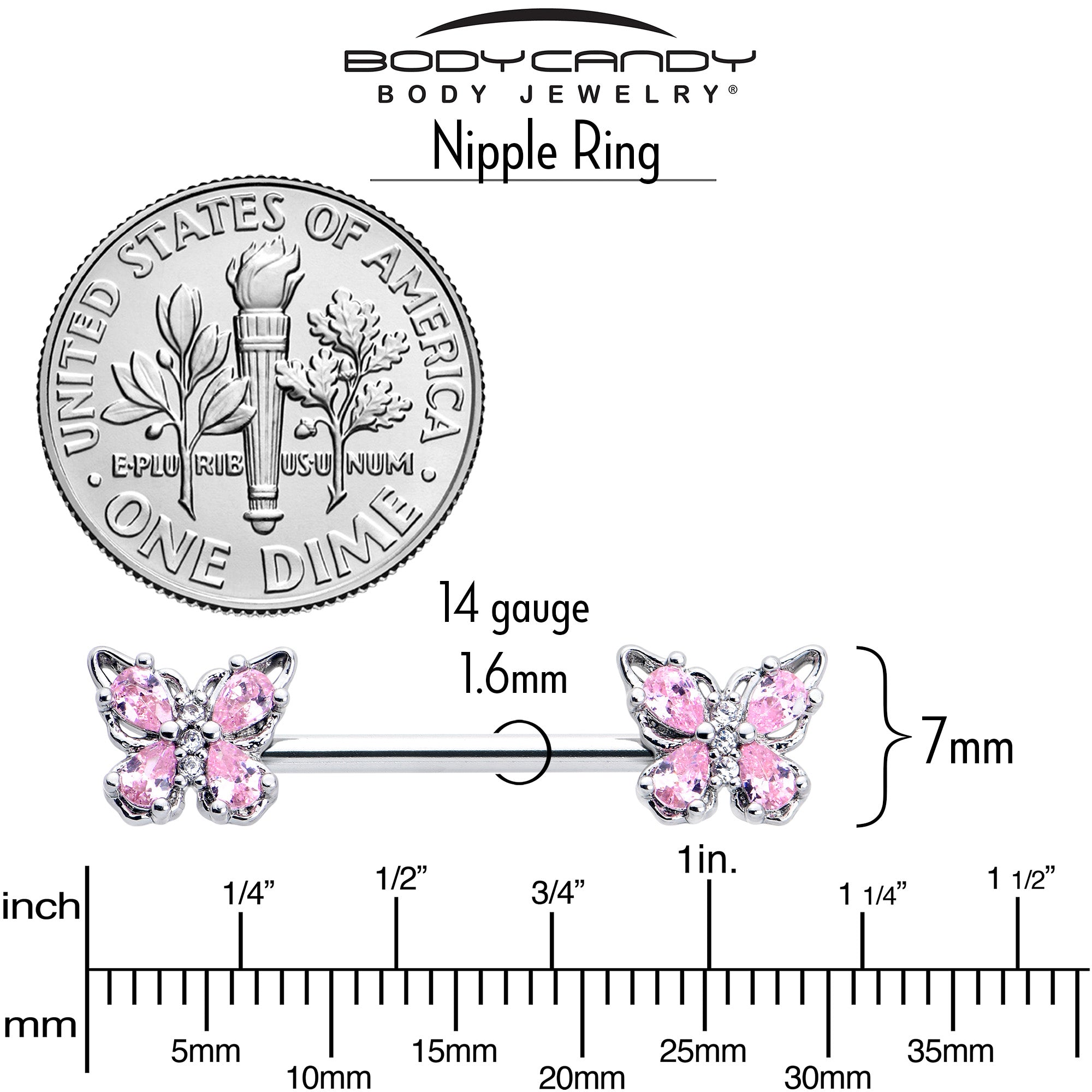 14G 9/16 Pink Gem Baroque Beauty Butterfly Barbell Nipple Ring Set