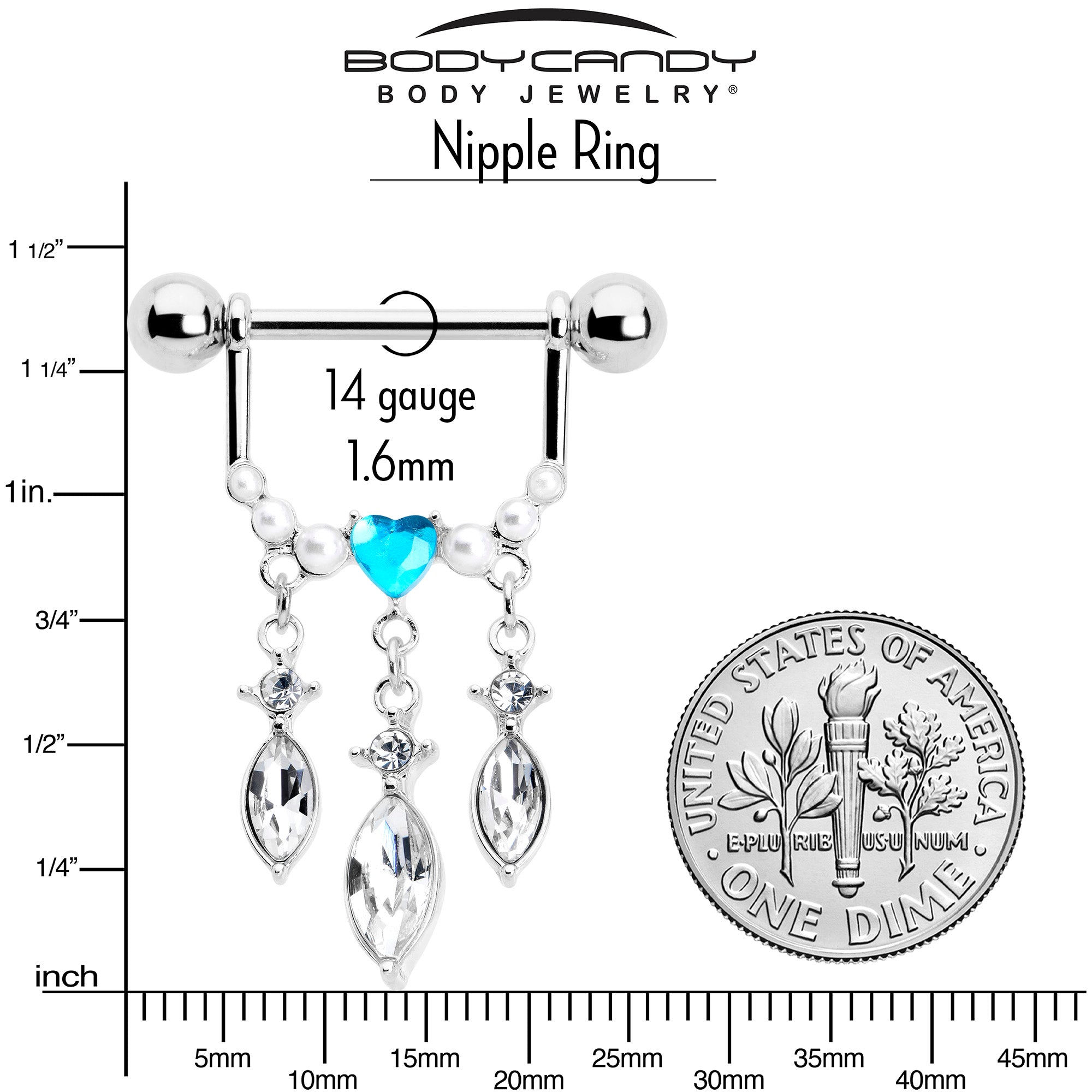 14G 9/16 Blue Gem Heart Triple Drop Dangle Nipple Ring Set