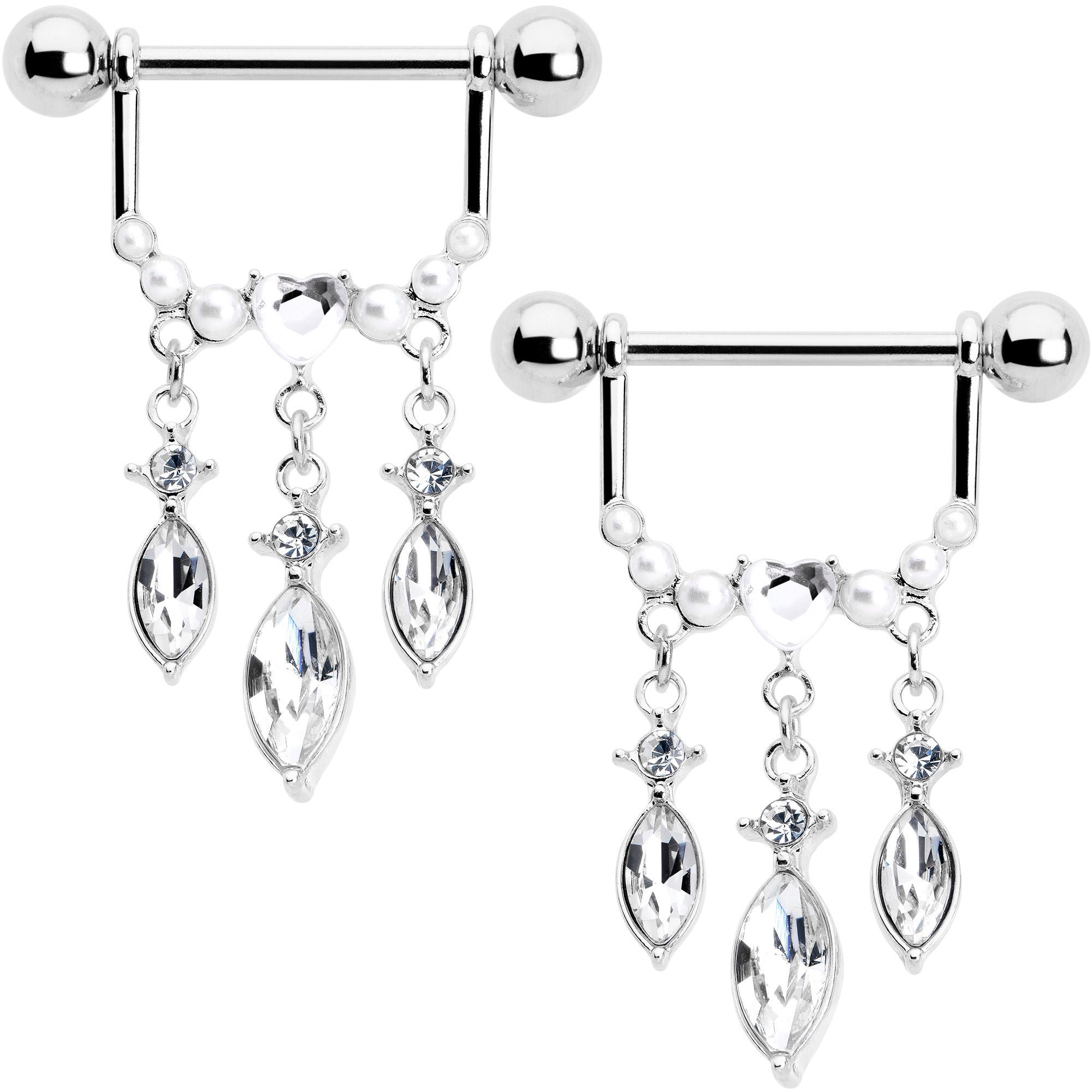 14G 9/16 Clear Gem Heart Triple Drop Dangle Nipple Ring Set