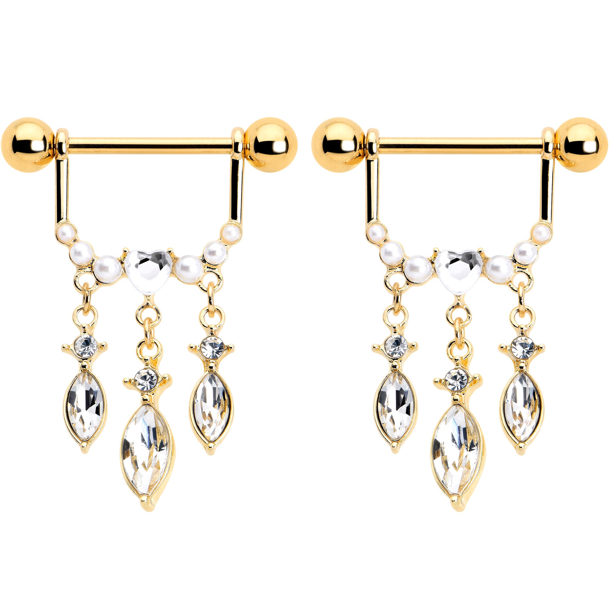 14G 9/16 Clear Gem Gold Tone Heart Triple Dangle Nipple Ring Set