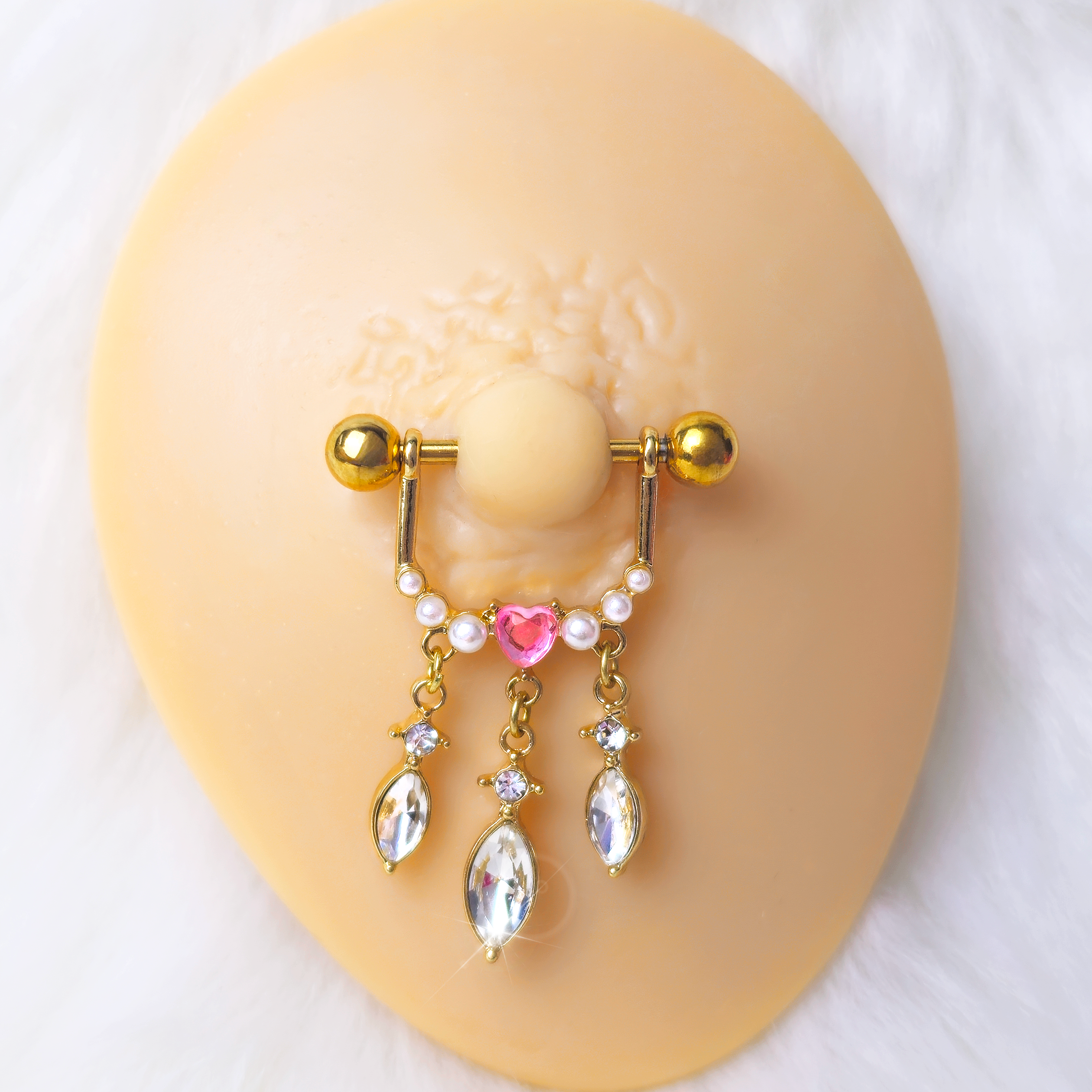 14G 9/16 Pink Gem Gold Tone Heart Triple Dangle Nipple Ring Set