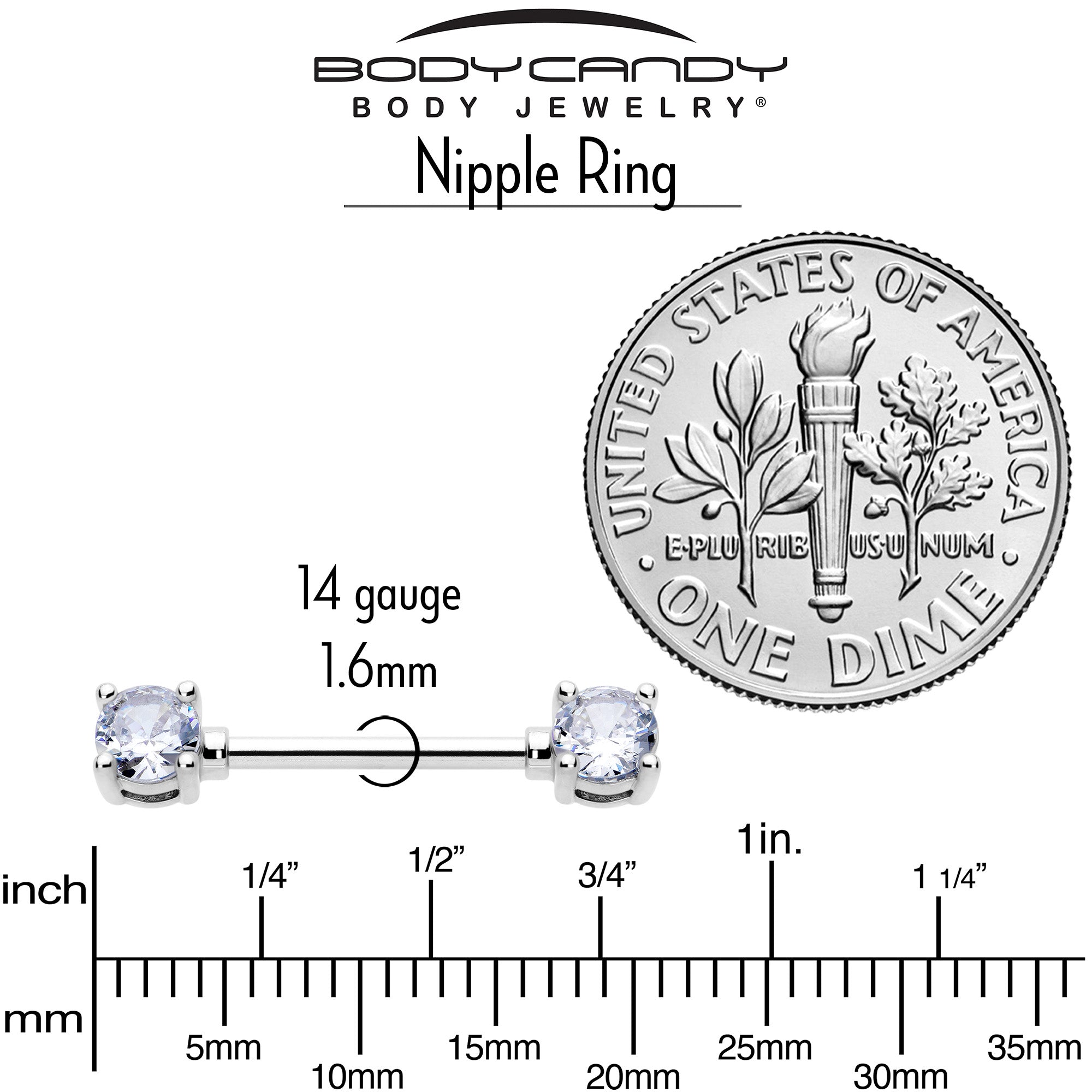 14G 9/16 Clear CZ Gem Forward Facing April Birthstone Nipple Ring Set