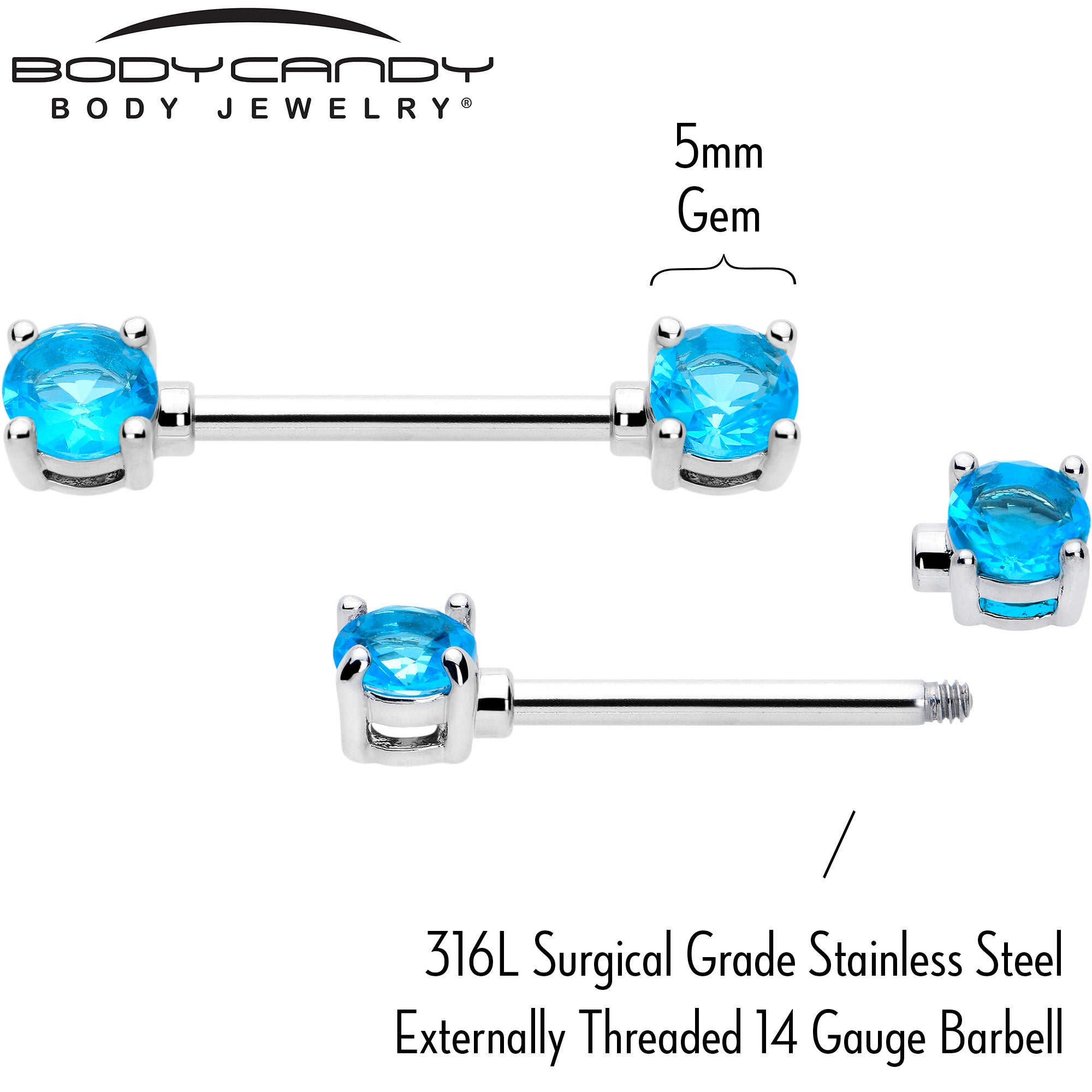 14G 9/16 Blue CZ Gem December Birthstone Nipple Ring Set