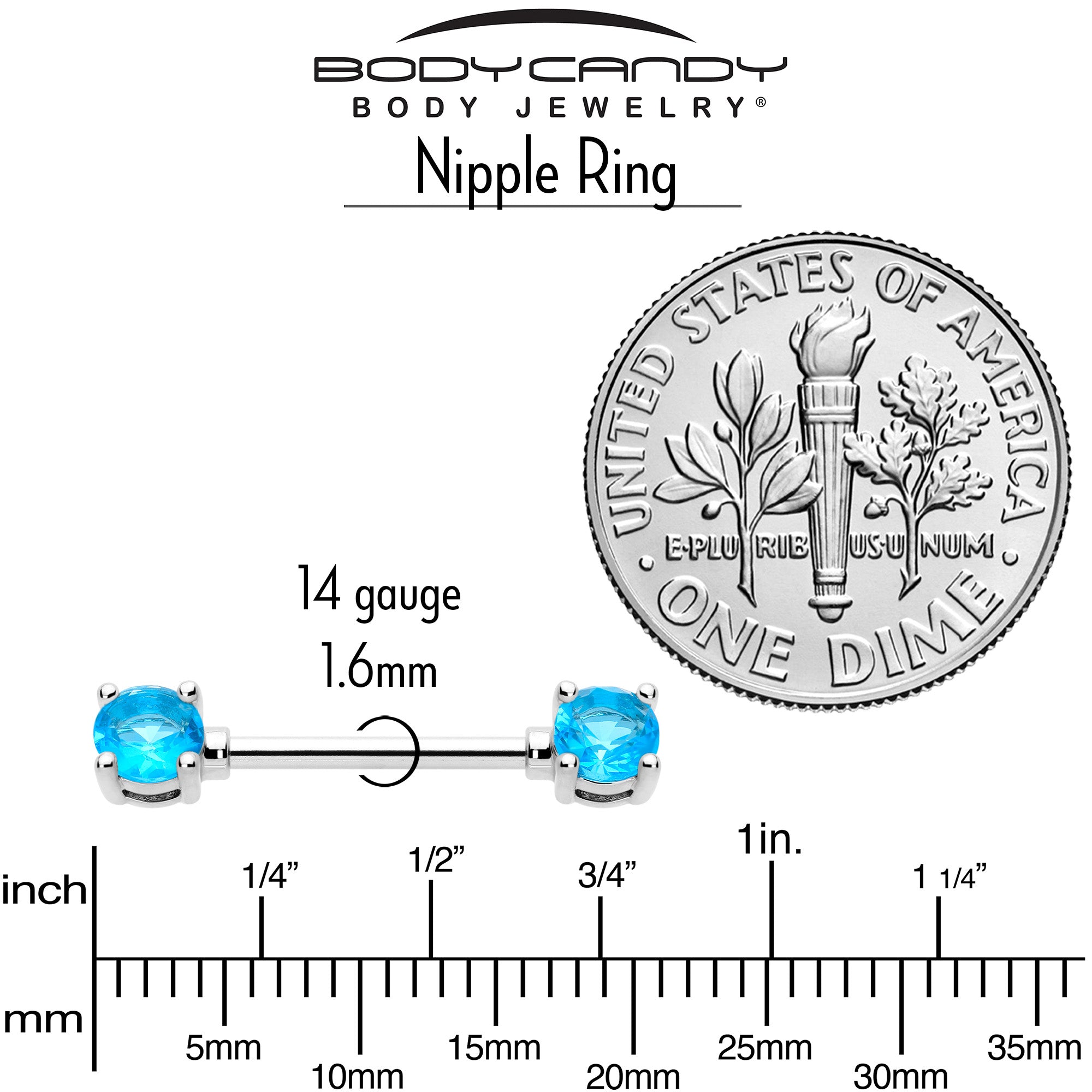 14G 9/16 Blue CZ Gem December Birthstone Nipple Ring Set