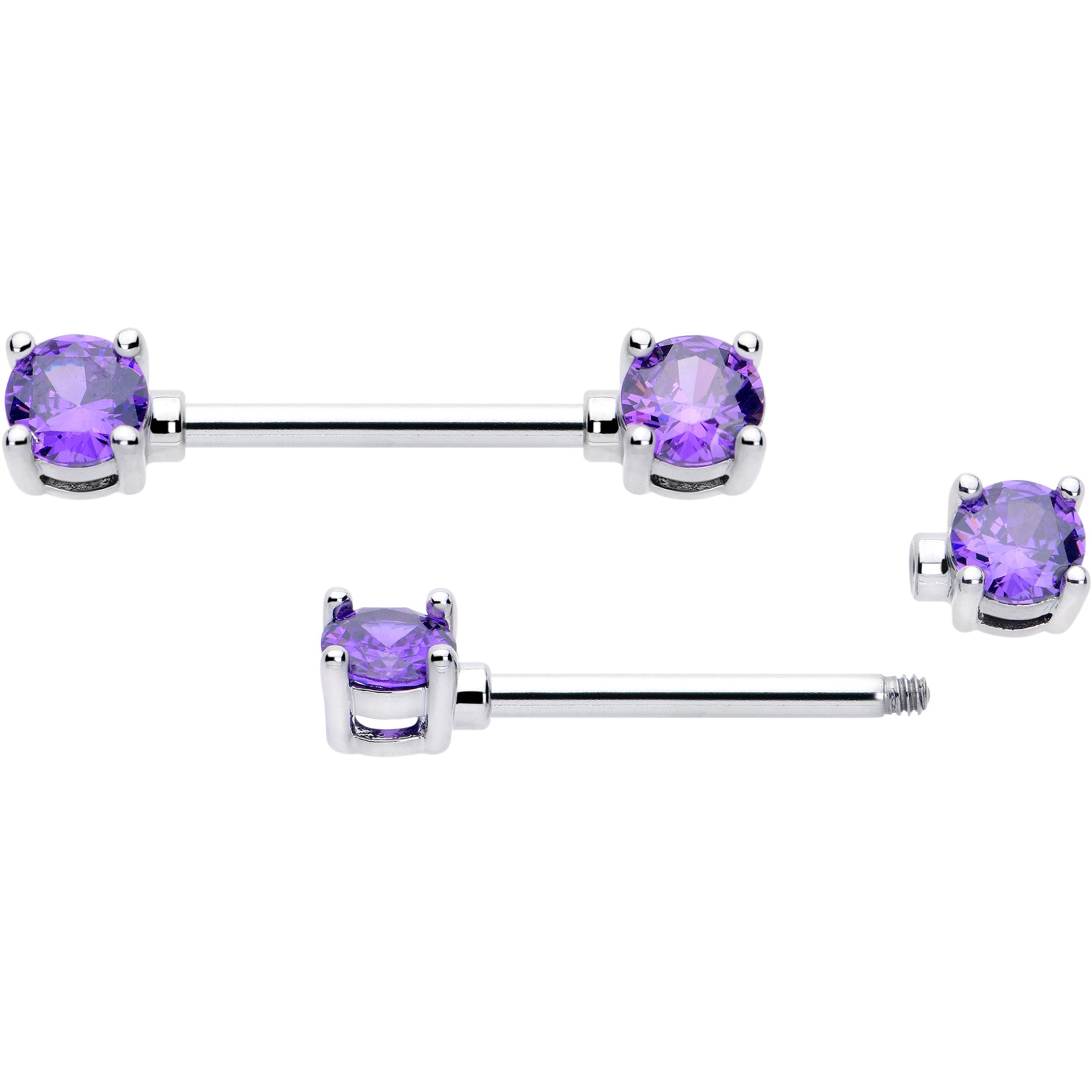 14G 9/16 Purple CZ Gem February Birthstone Nipple Ring Set