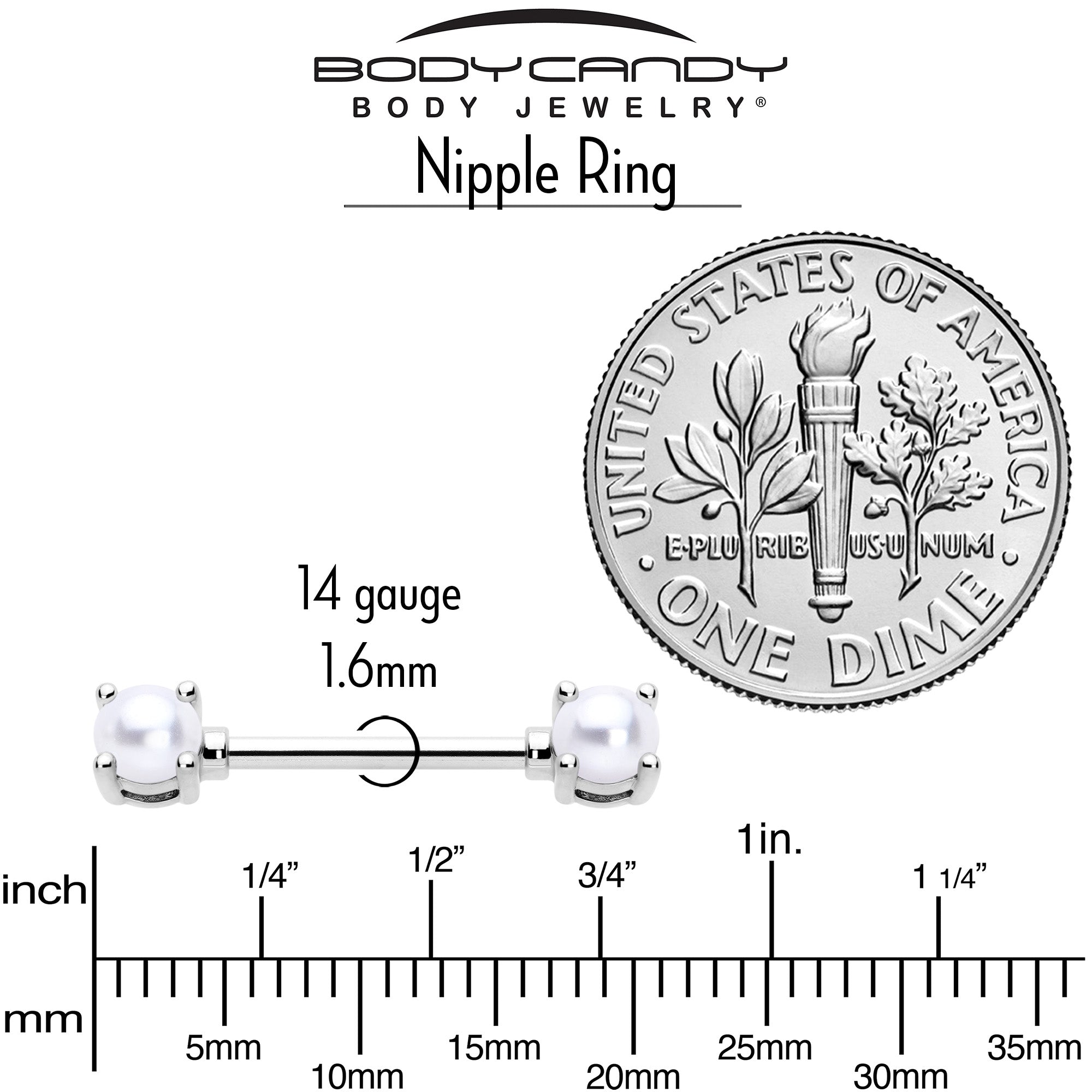 14G 9/16 White Faux Pearl June Birthstone Nipple Ring Set