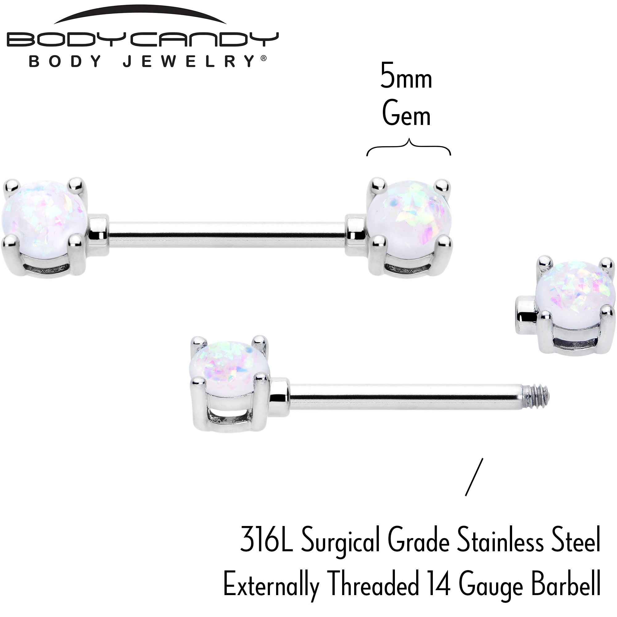 14G 9/16 White Faux Opal October Birthstone Nipple Ring Set