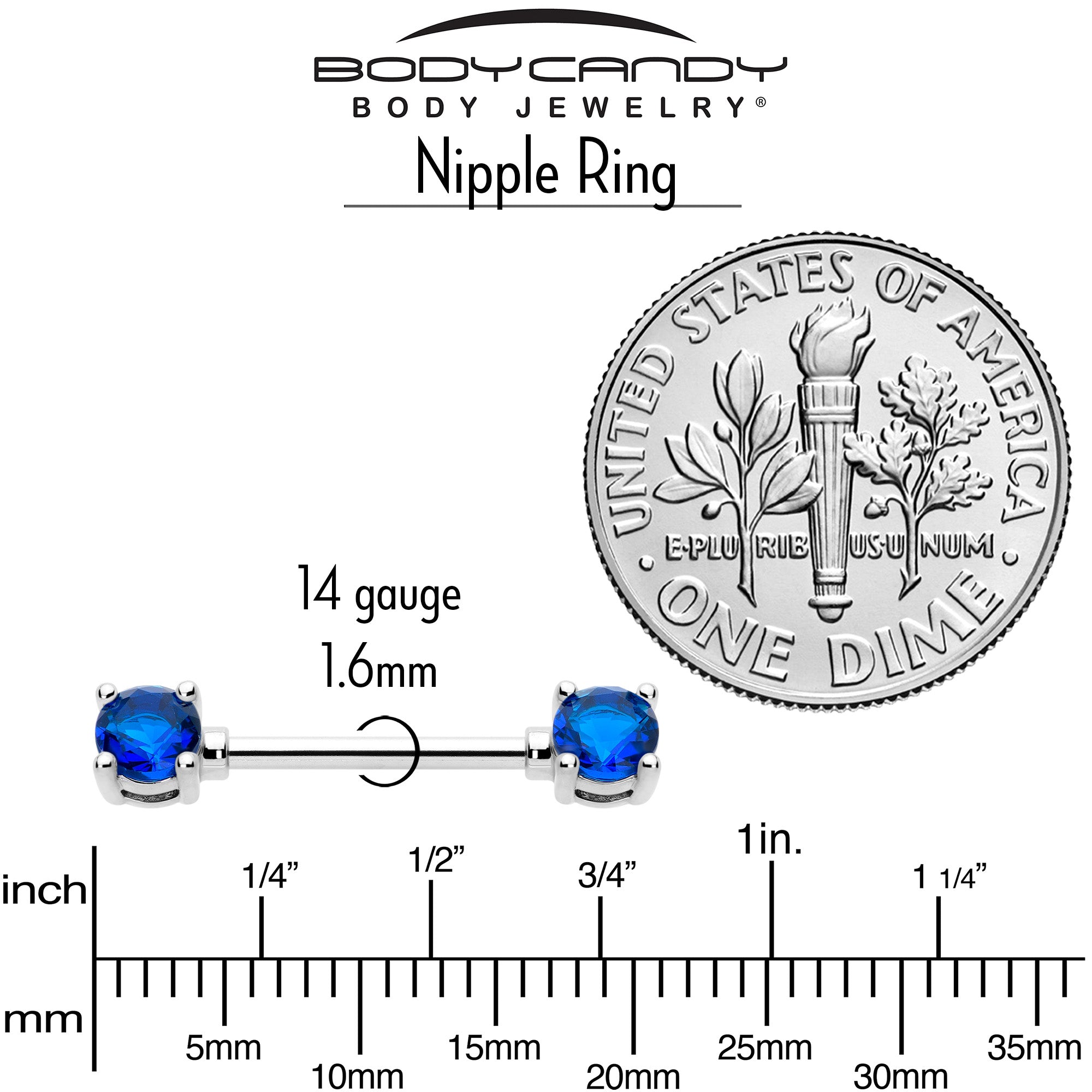 14G 9/16 Blue CZ Gem September Birthstone Nipple Ring Set