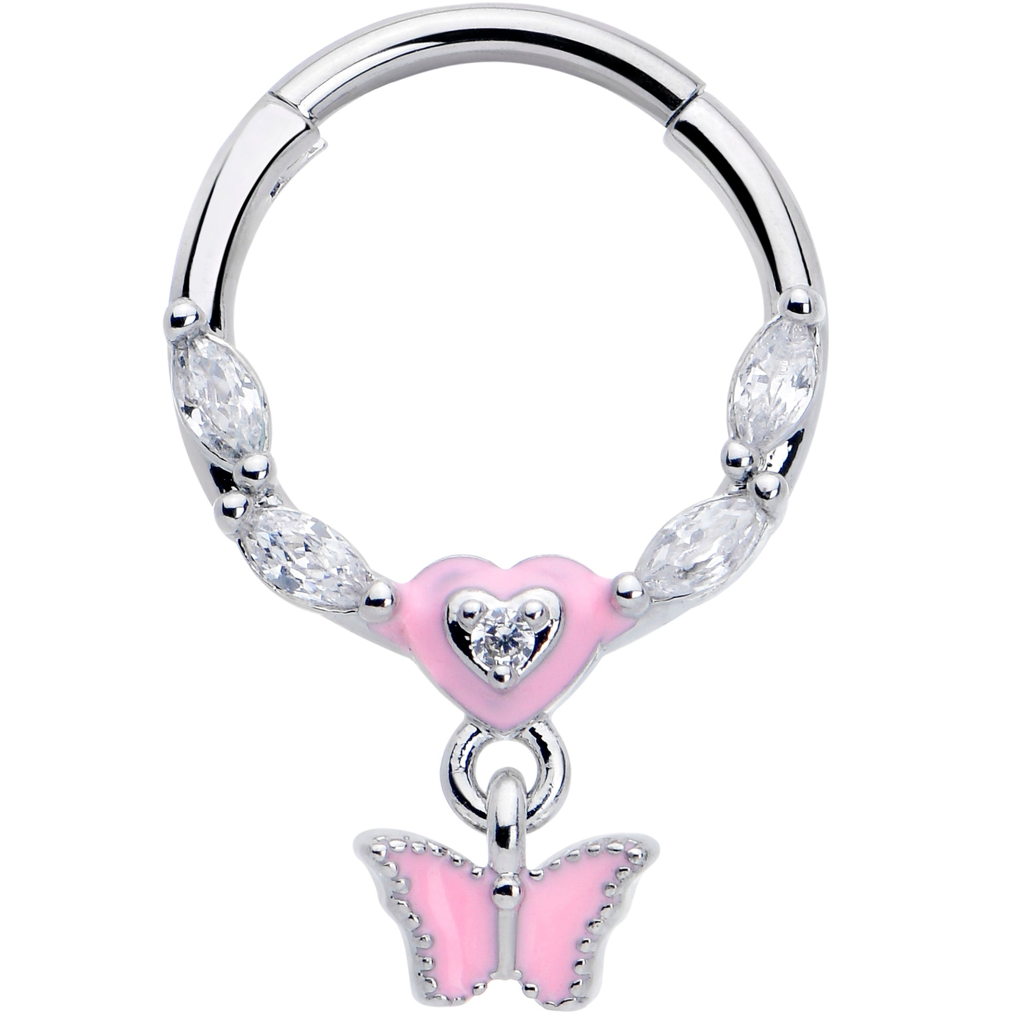 16G 3/8 Clear CZ Gem Luv Butterfly Pink Dangle Hinged Segment Ring
