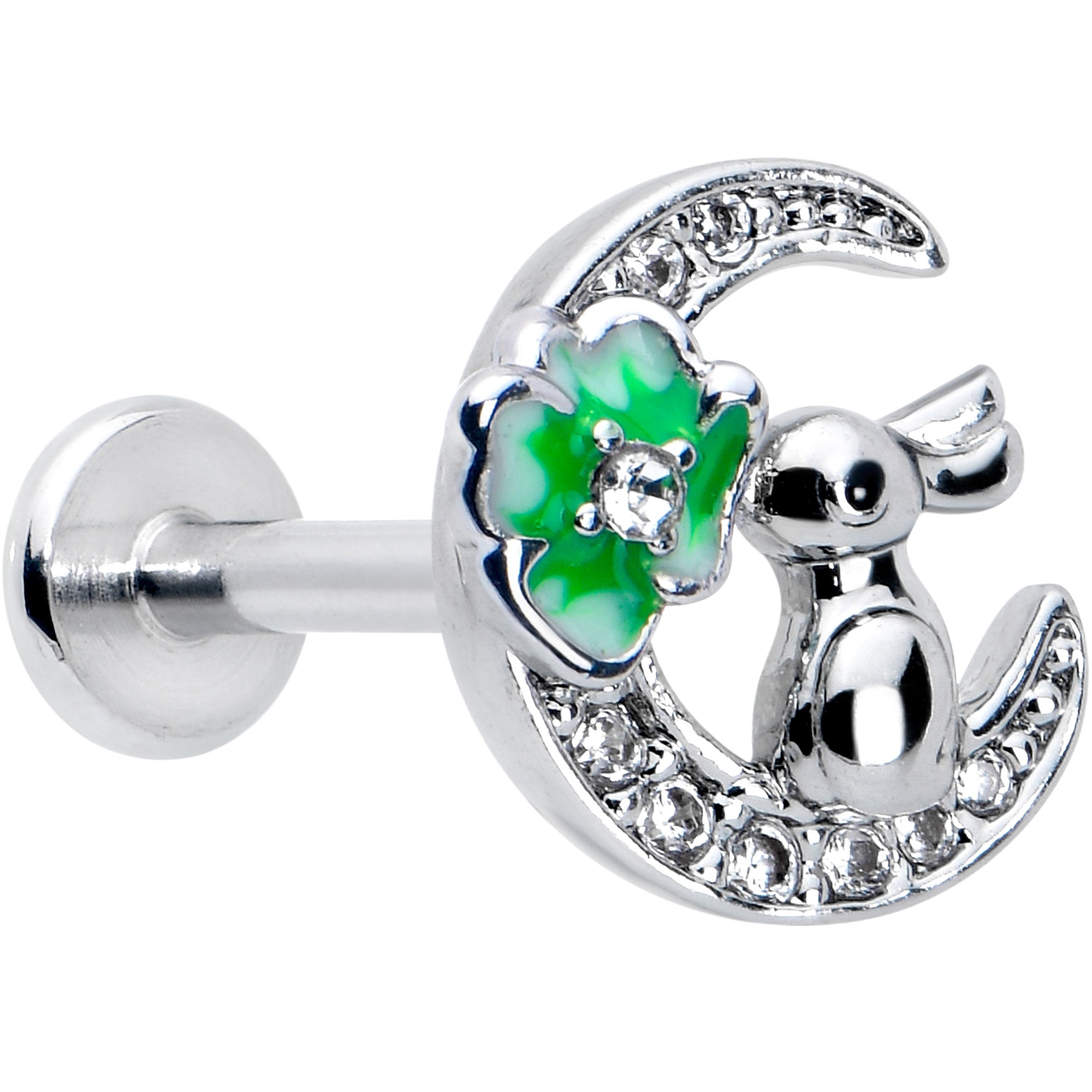 16G 5/16 Clear CZ Gem Rabbit on Moon Green Internally Threaded Labret