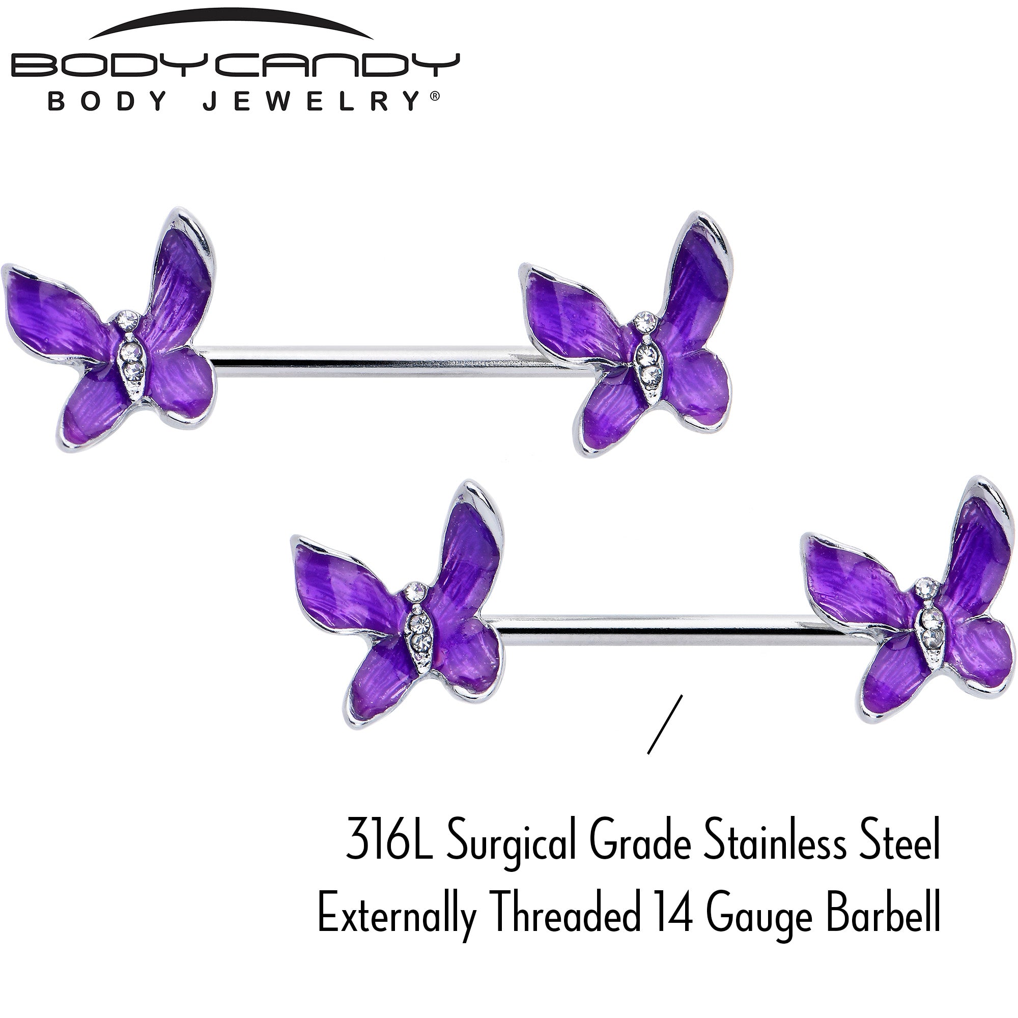 14G 9/16 Clear Gem Chunky Butterfly Purple Barbell Nipple Ring Set