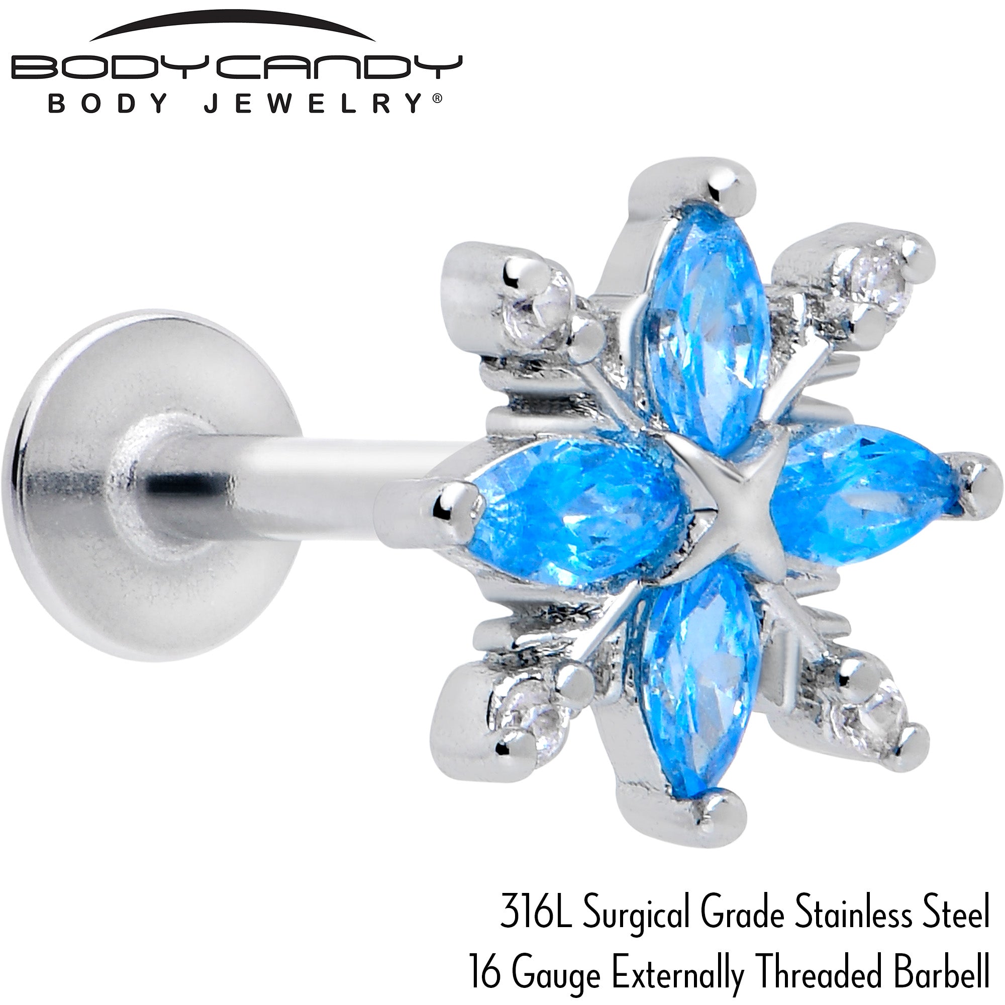 Blue CZ Gem 16 Gauge 5/16 Flower Flatback Stud