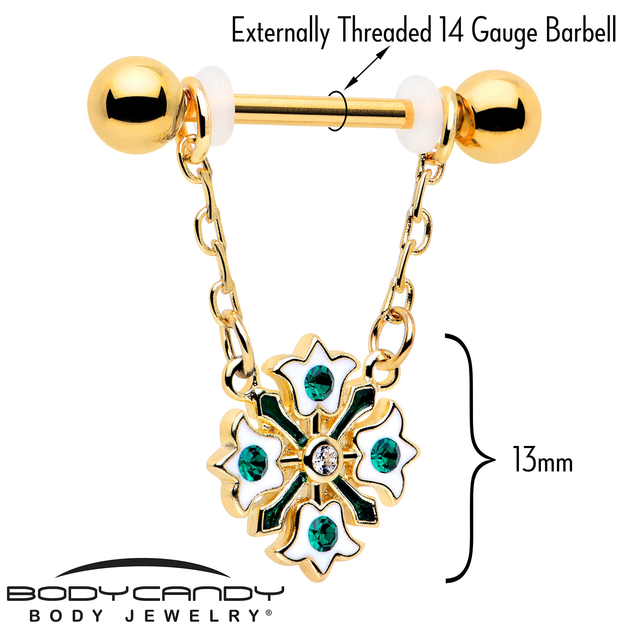 14 Gauge Green Gem Flower Wreath Dangle Nipple Jewelry