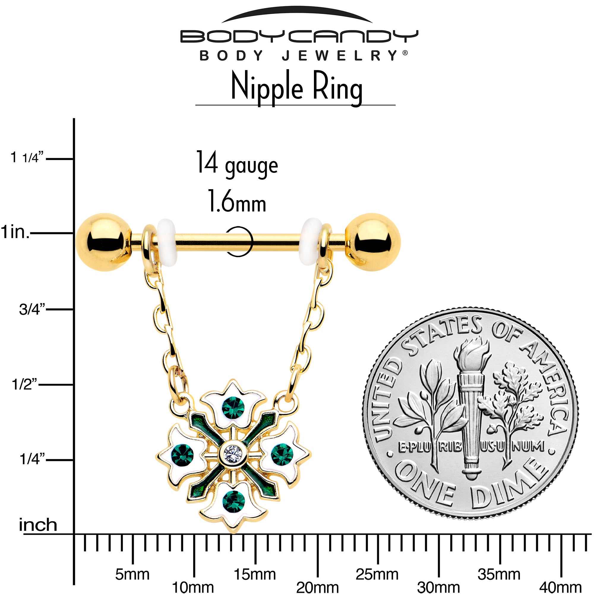 Flower Wreath Green Gem Dangle Nipple Ring Set 14 Gauge