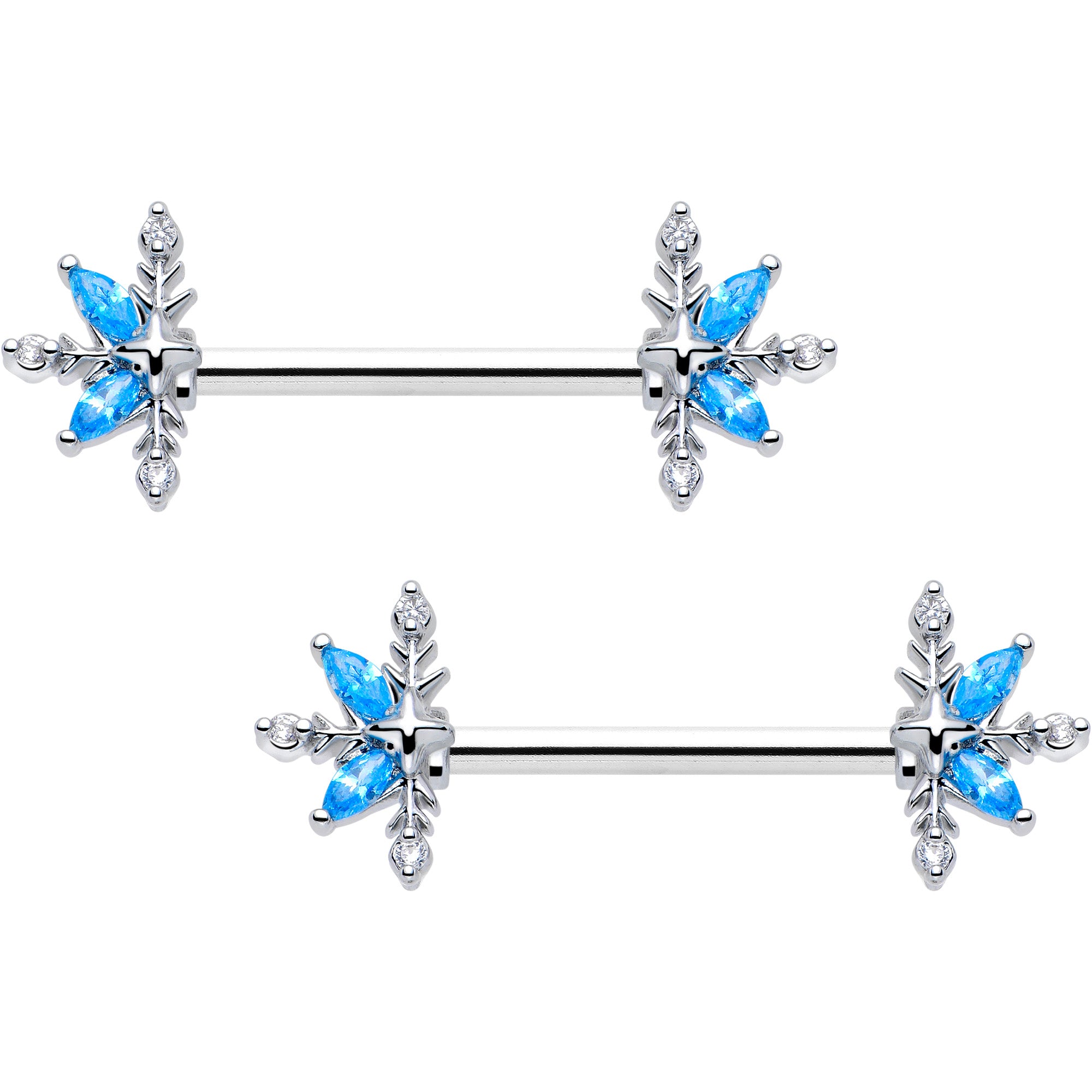 14 Gauge Blue CZ Gem Flower Barbell Nipple Ring Set