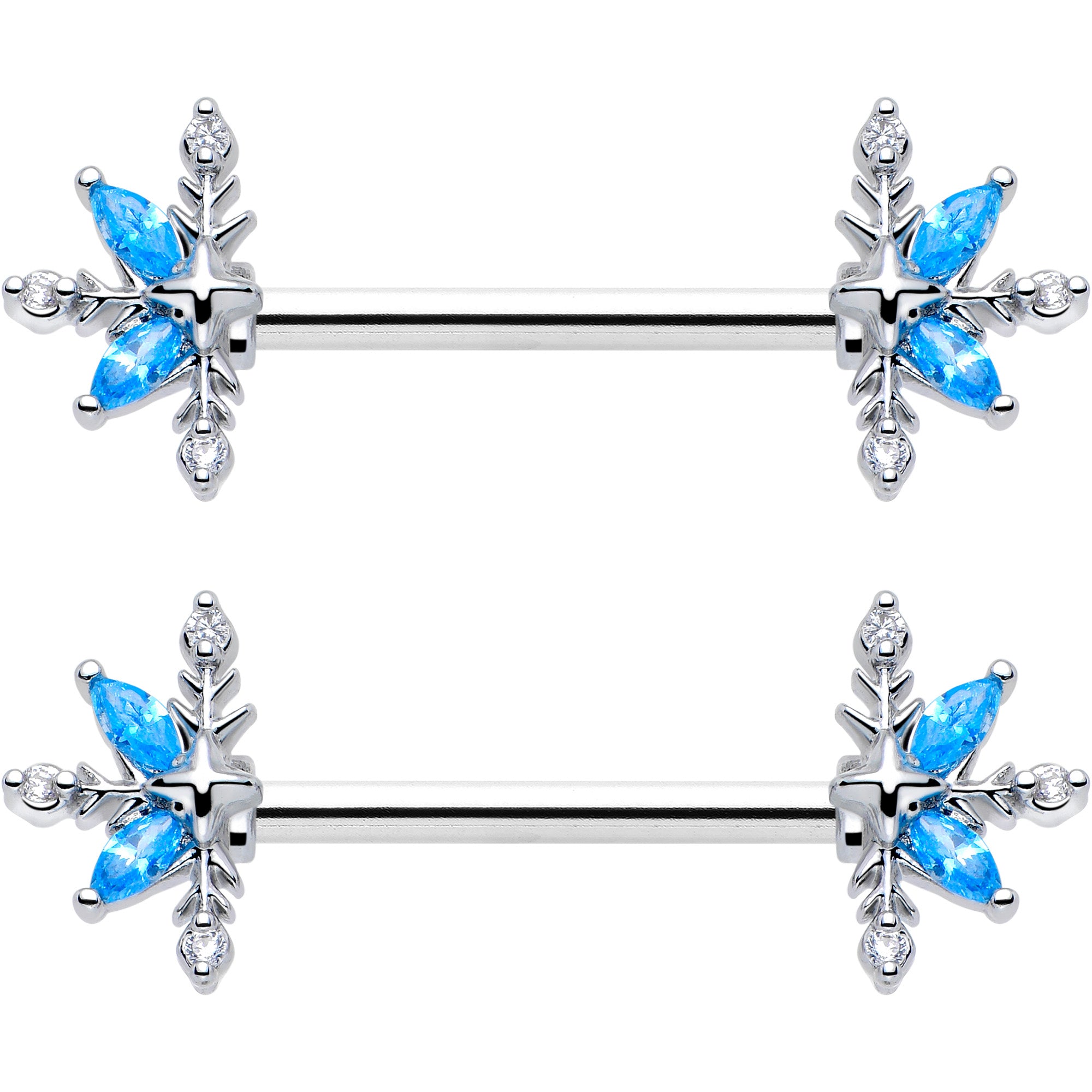 Classic Flower Barbell Nipple Rings with Blue CZ Gem 14 Gauge