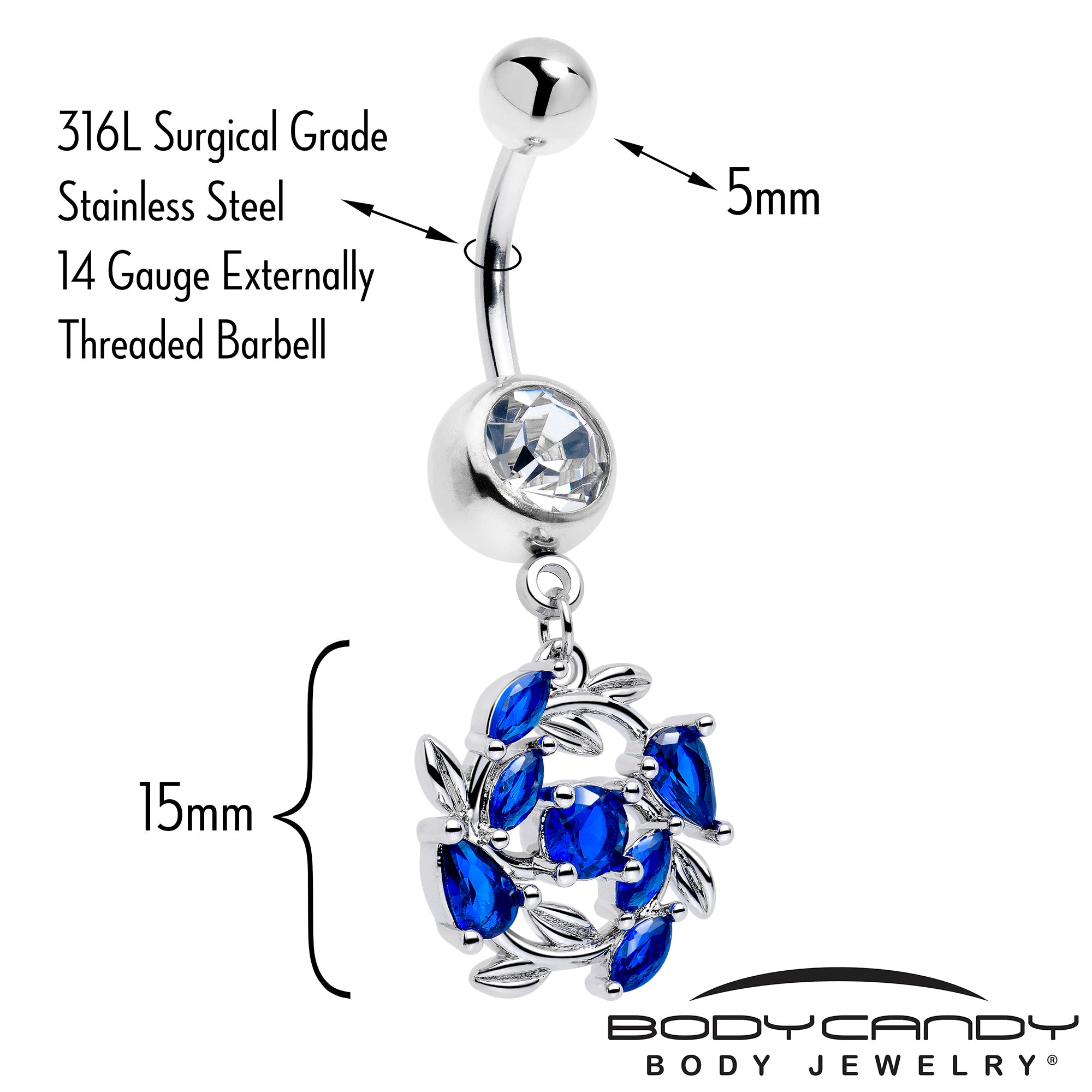 Twining Vine Dangle Belly Ring with Clear Blue Gem
