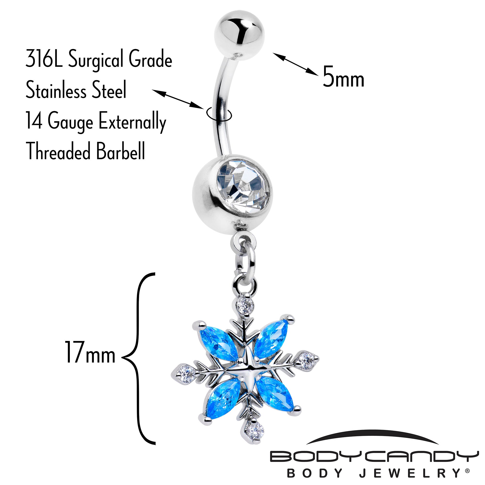 Classic Flower Dangle Belly Ring with Clear Blue CZ Gem