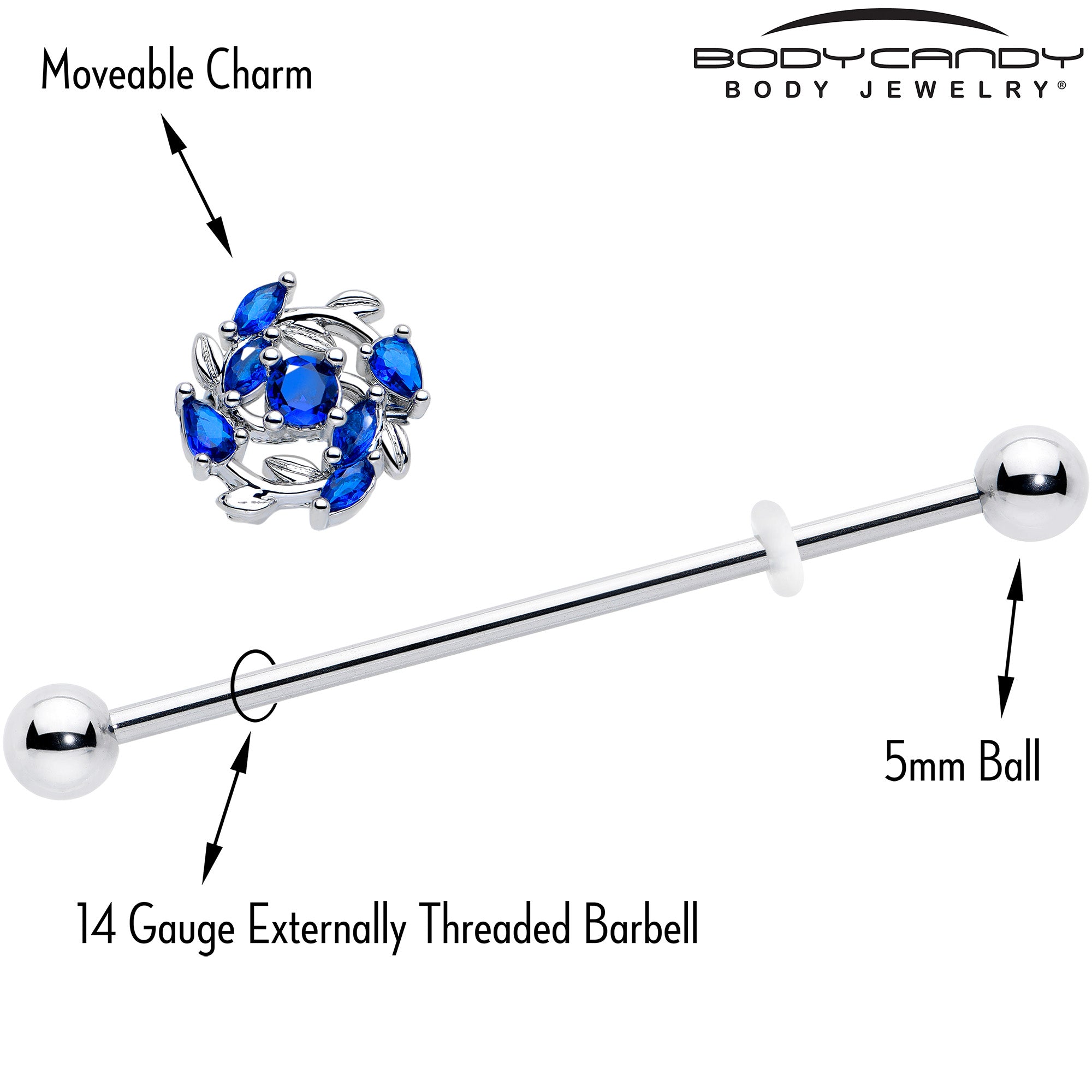 Twining Vine Design Blue Gem 14 Gauge Industrial Barbell 38mm