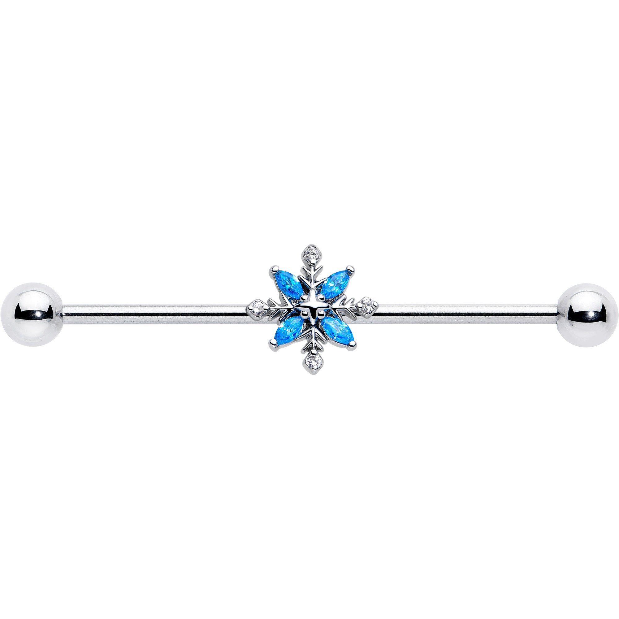 14 Gauge Flower Industrial Barbell with Blue CZ Gem